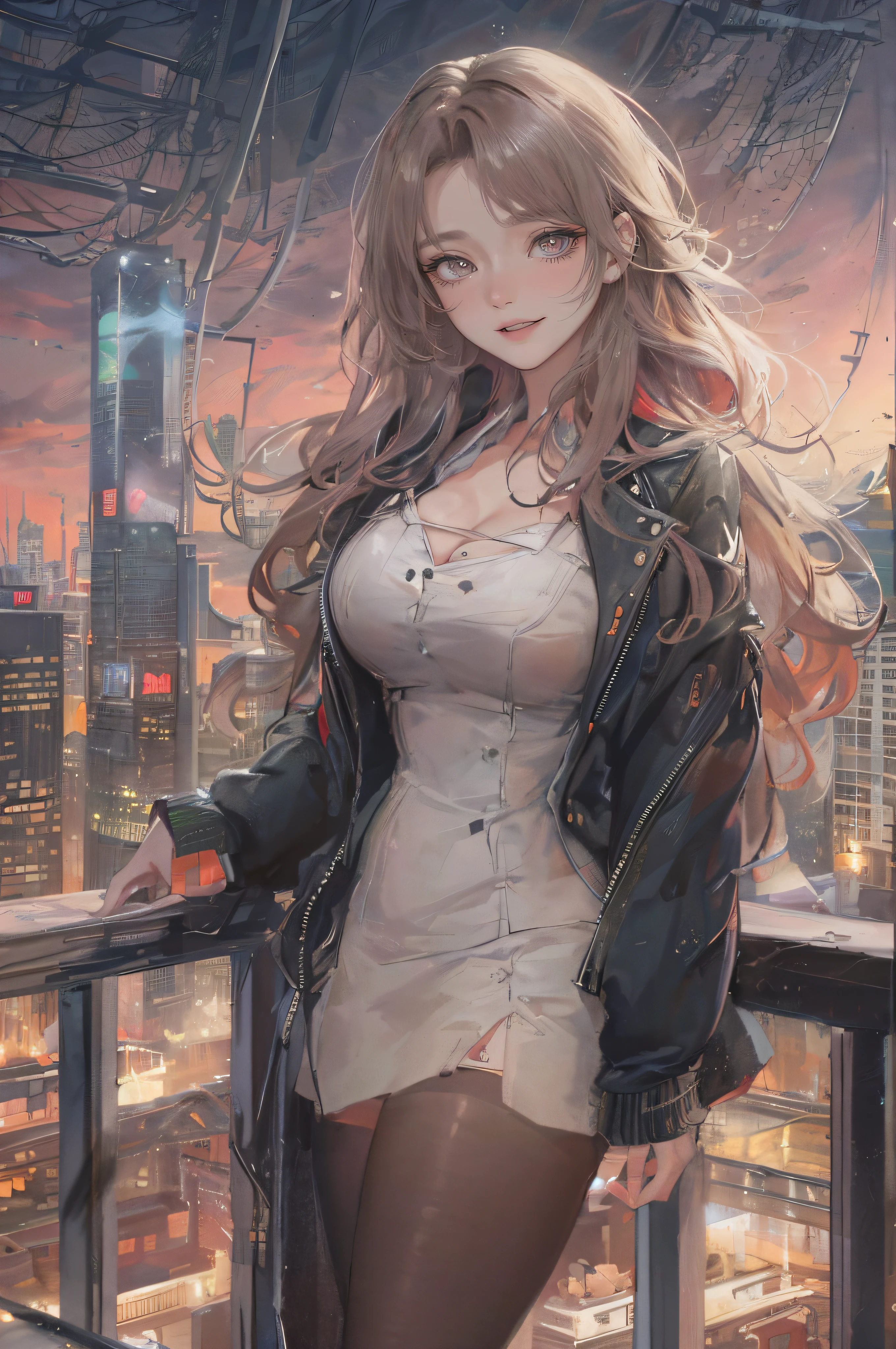 ((A beautiful and cute woman is standing on the terrace)), ((22-year-old beauty)), ((charming smile)), ((her long hair is blowing in the wind)), ((her miniskirt is It's waving in the wind)), (( You can see the cleavage of her plump bust from the blouse)), ((Gradient eyes)), ((The background is a night view of the city)), Attractive makeup, Single view, NFFSW , UHD, Retina, Masterpiece, Accurate, Anatomical, Scientifically Correct, Textured Skin, Super Detail, High Detail, High Quality, Award Winning, Top Quality, High Resolution, 1080P, HD, 4K, 8k, 16k