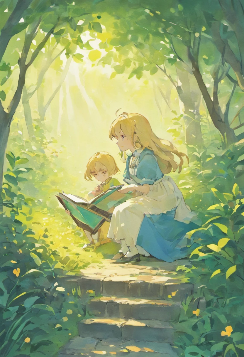 Illustration of a picture book in the style of Beatrix Potter, Shows a girl reading a book in the garden, Girl is sitting on the ground, Girl Blonde Hair, hairstyle is short bob, The girl wears only a green dress, The dress is short-sleeved, There is no white color in the dress, Side Angle, Anatomically correct pose, The illustrations are attractive and exquisite, Soft colors and details.