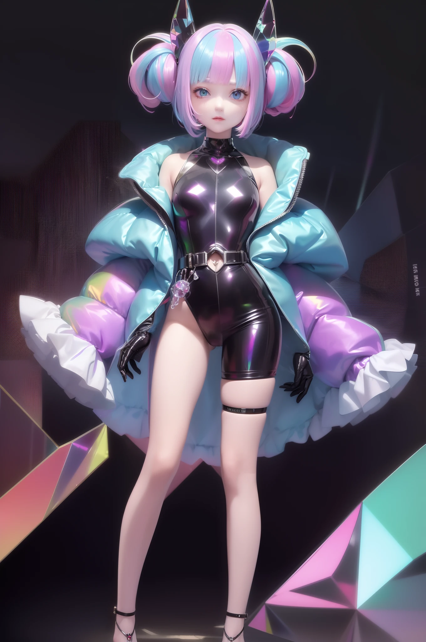 1 girl wearing colorful transparent pvc loose coat and shoes ((((film interference)), full body, perfect waist-hip ratio, prism, beautiful eyes, brilliance, jewelry, portrait, game original art, anime character concept design, beautiful face, black background