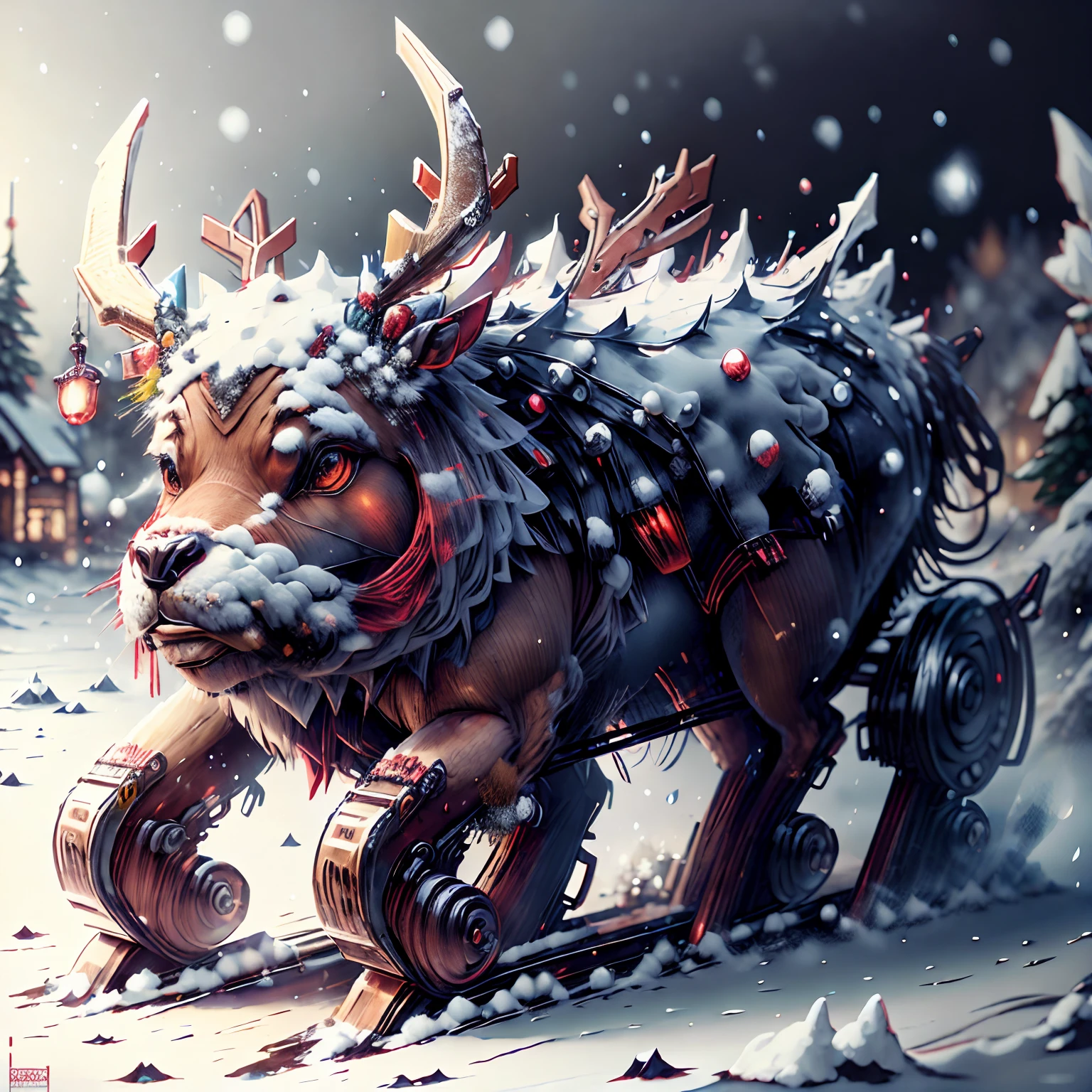 An adorable reindeer with red nose, scraf, pulls a carriage full of christmaa presents in a snow-filled village in cartoon style, cute face, cute smile, snowing, printable