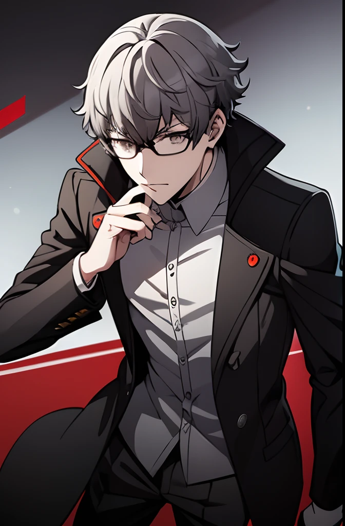 Persona 5, boy, grey hair, silver eye, long black and red coat, epic pose, finisher,