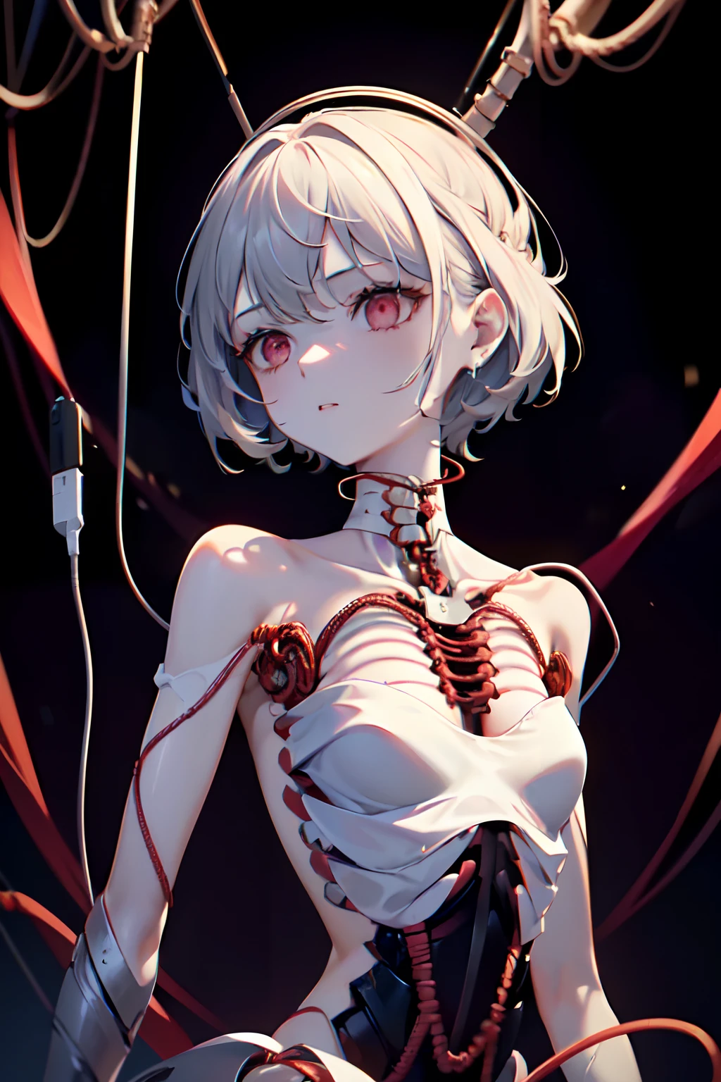 extremely delicate and beautiful girls, Show from the hips to the shoulders, from_above, flat chest, (very short hair), big forhead, grey hair, no facial features, (emotionless eyes:1.3), parted_lips, red eyes, white skin, black_gloves, (Full body bandaged), (mechanical prosthetic arm and leg), skindentation, black Clothes, (Blood vessels connected to tubes), (Mechanical vertebrae attached to the back), (Mechanical cervical vertebrae attached to the neck), (sitting), Expressionless, (wires and cables attached to the head and body:1.5), professional lighting, best quality, masterpiece, ultra detailed, captures a super cute moment, depth of field, ultra high resolution, fine details, 16k wallpaper,