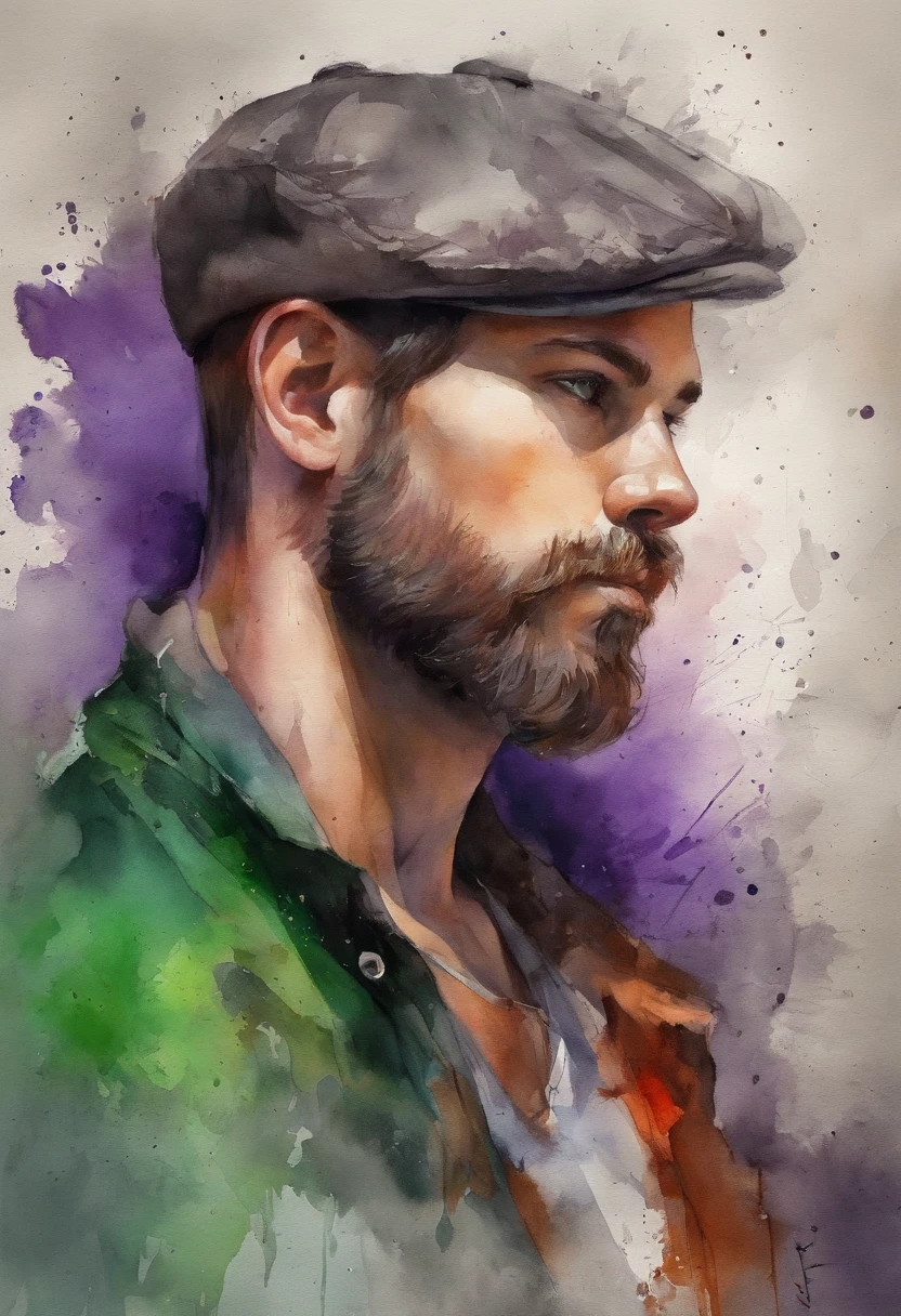 Character half-aside, Male, Boy, 17 years old, Medium beard, red brown hair, Green eyes, Long hair, calm. Wise, Background with neon purple graffiti, Utopian city, surrealism, Minimalism, expressionistic, Anime style, shadowing, filmgrain, Vignetting, Silhouette, 1080p, Anatomically correct