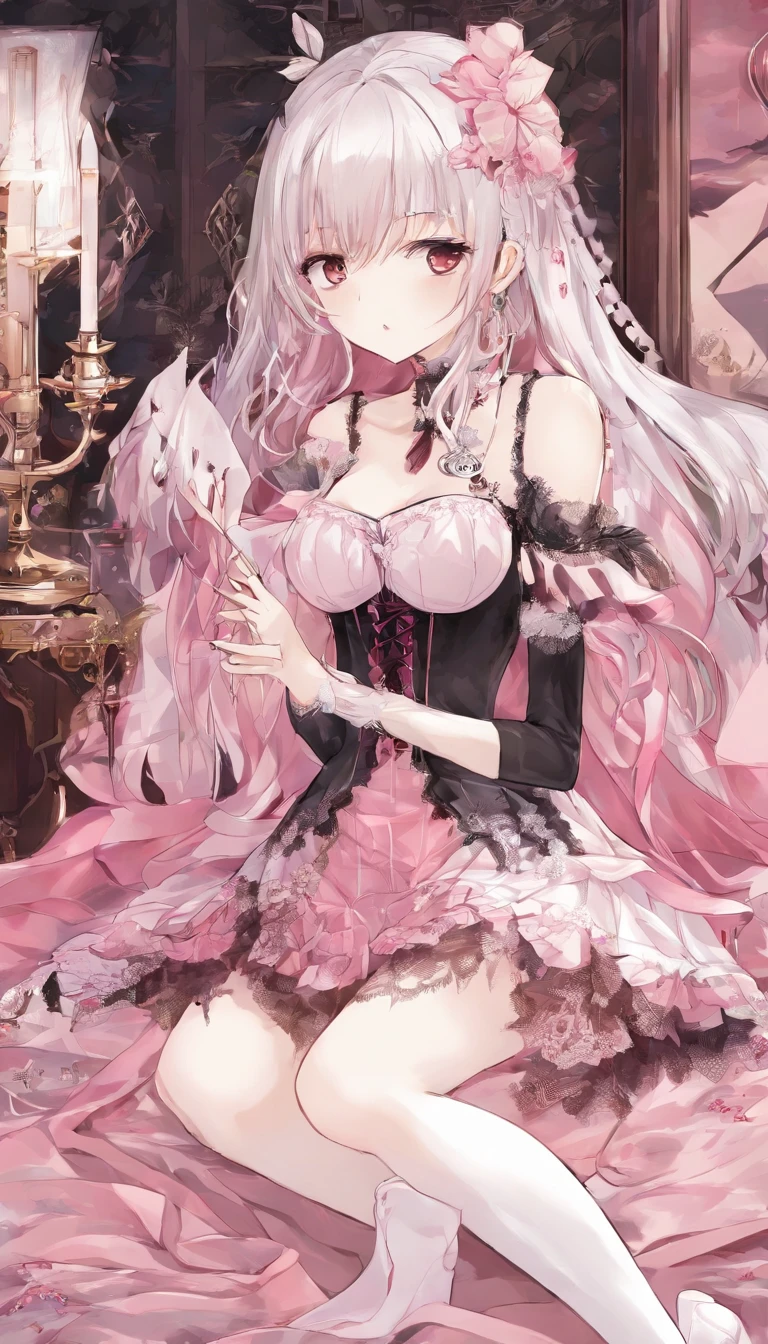 ((morning、beautiful illustration、topquality、cute ))、bed room、White-haired、Okappa Hair、(((Pink Assistant)))、(((Pink nightgown)))、short sleeves、Normal size、bellybutton、((Throwing a skirt with your hands、showing white panties、Pull up the skirt,(Open panties)))、bare feet、e Brown eyes、on a bed、lovely thighs、glowing thigh、(((NSFW)))、