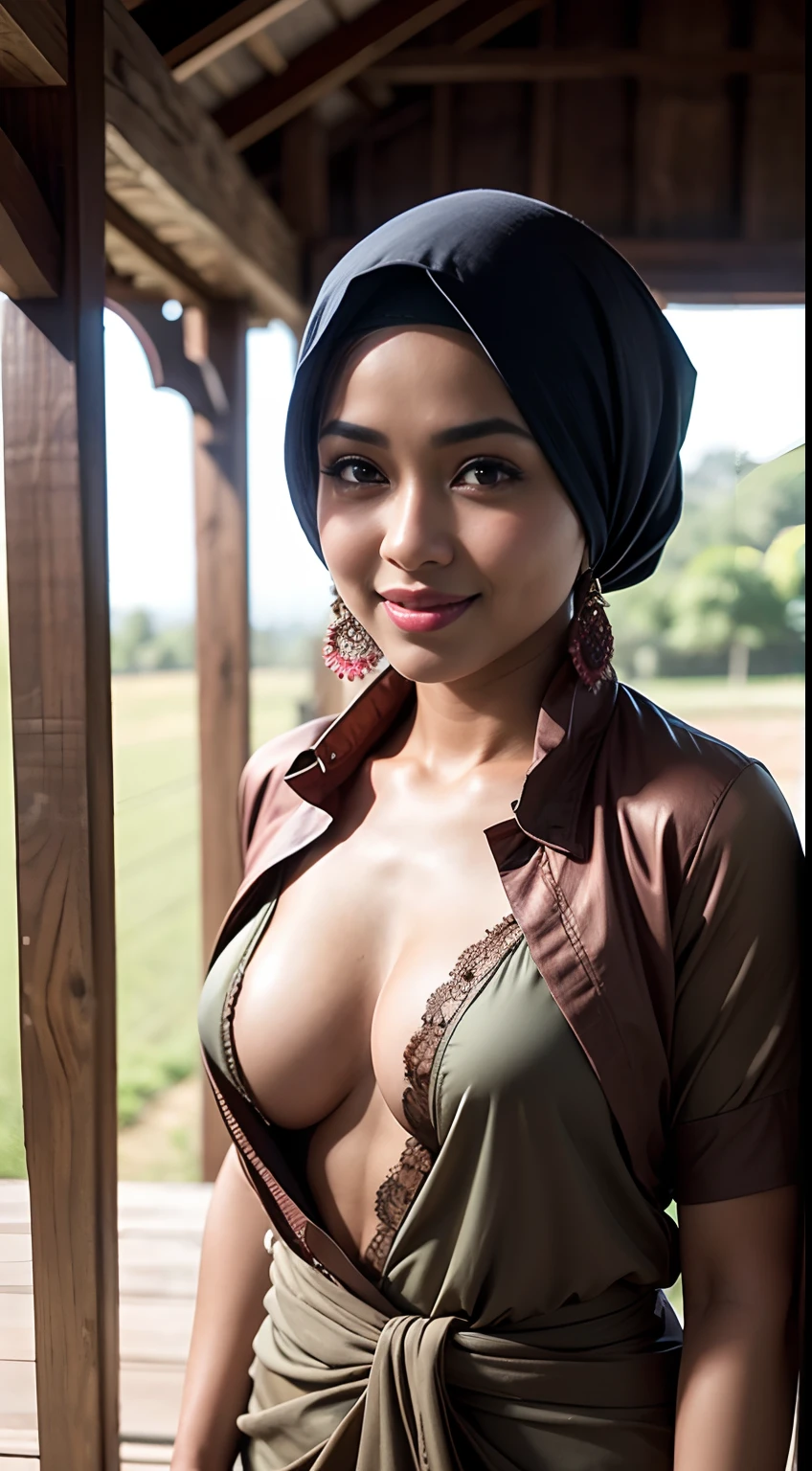 Hijabi full body shot of sexy smiling (abbie_cornish:0.6) indonesian daughter wearing saree in a rustic village,open shirt,face incredibly detailed, lips, realistic, solo,medium breasts,skin tight , facial, masterpiece,best quality, Intricate, High Detail, dramatic,