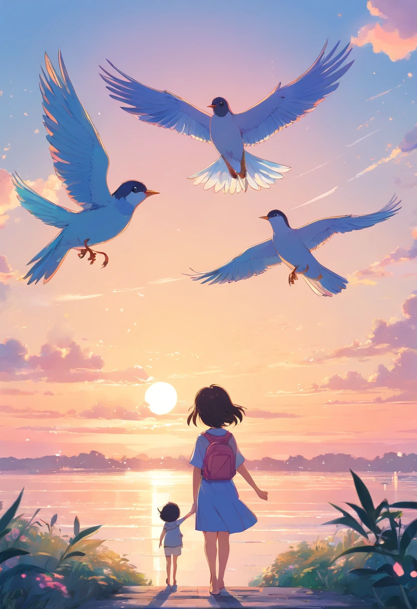 (birds,Cute,childrenbook illustration,It features a simple) (Bright colors,Pastel colors) (Soft lighting) (Best Quality,hight resolution)