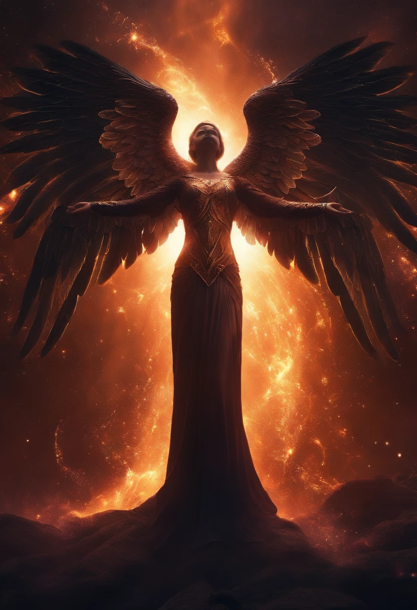 Cosmic Fallen Angel, glowing light eyes, eerie,enchanted, Fascinating, dream-like, Very bright colors, Light particles, with light glowing, Mshiv, wallpaper art, UHD wallpaper