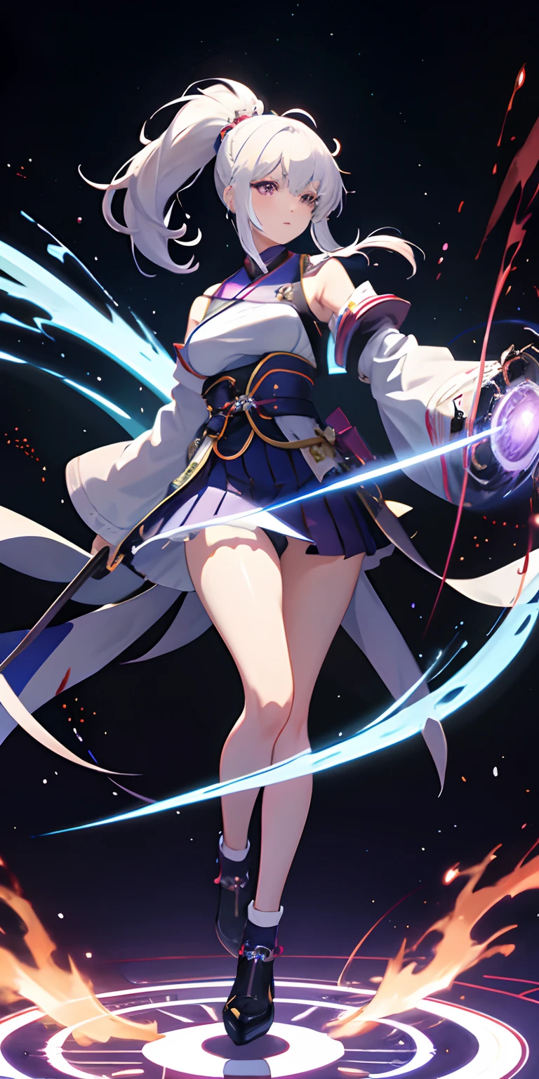 1girl in, komono, Ponytail ,White hair, Purple eyes, Magic Circle, blue fire, blue flames, Wallpaper, landscape, Blood, blood splashing, depth of fields, Night, light Particle, llight rays, side lights, thighs thighs thighs thighs, Fate \(Series\), GenshinImpact, ****, Open jacket, Skirt, thighs thighs thighs thighs, cloud