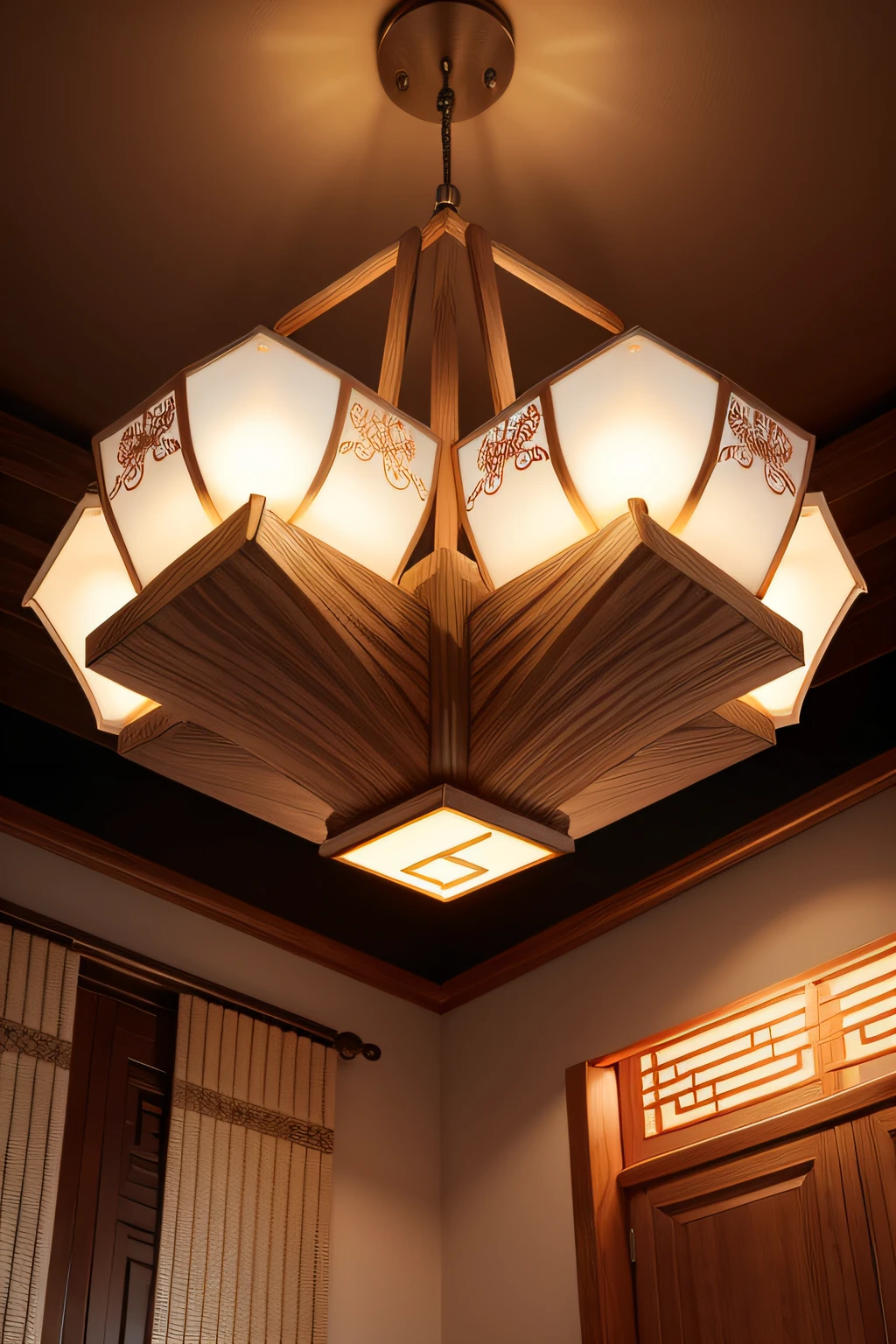New Chinese style lamps，Log wood color ceiling light，White pattern，double deck