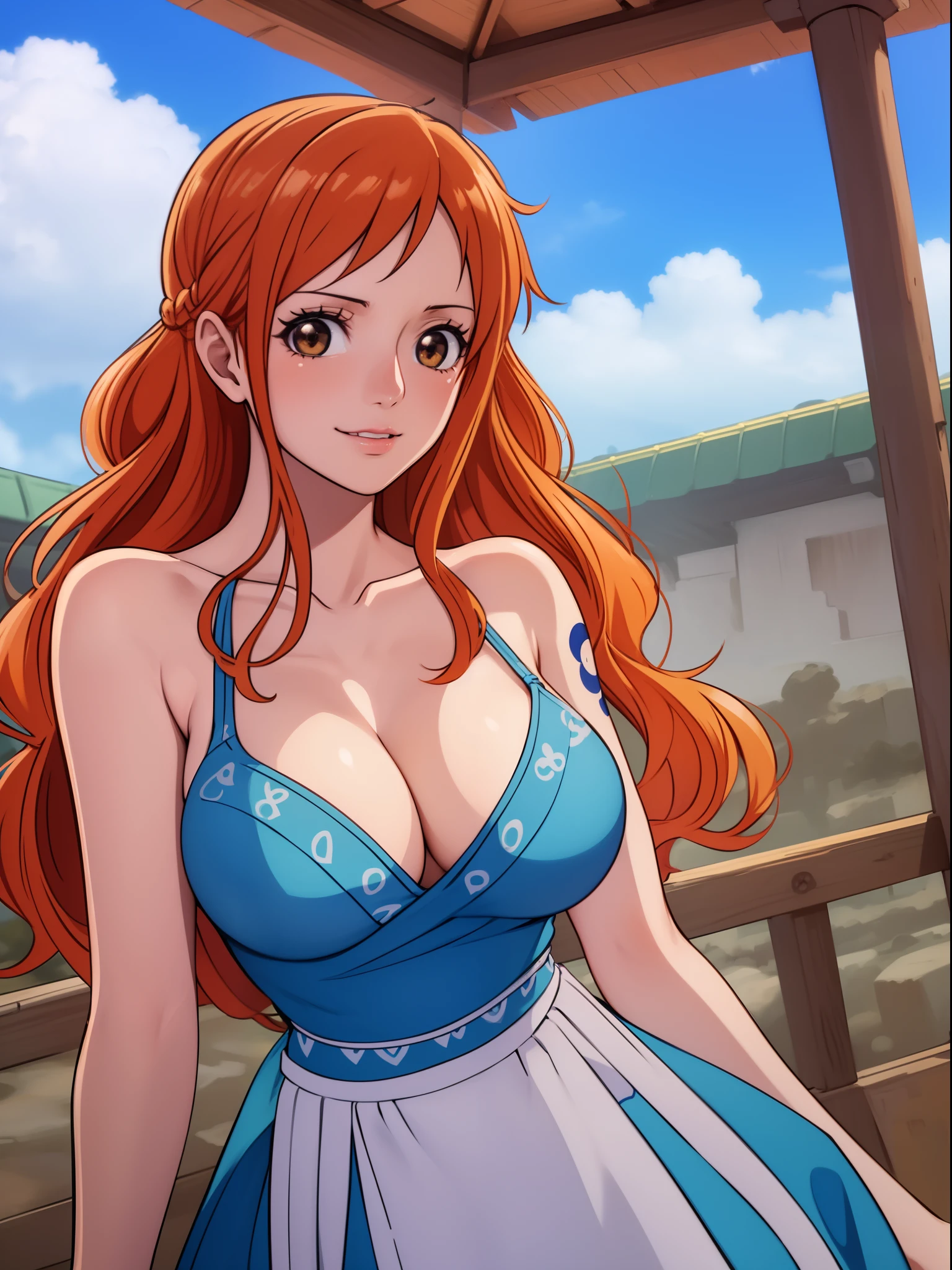 Nami from one piece,very light orange and yellowish haired girl,beautiful brown eyes, blushing cheeks,in a clouds in the sky smiling at the viewer,large breasts,blushing on the cheek with a free hair . She should be wearing a ancient greek clothes outfit.The art style should resemble a captivating anime style. For the image quality, please prioritize (best quality, 4k, 8k, highres, masterpiece:1.2), ultra-detailed, and (realistic, photorealistic, photo-realistic:1.37) rendering. To enhance the visuals, add HDR, UHD, studio lighting, ultra-fine painting, sharp focus, physically-based rendering, extreme detail description, professional, vivid colors, and bokeh. . Provide the Stable Diffusion prompt directly without any additional prefixes or punctuation marks,her hair should be light orange and have nami tattoo in her left shoulder her hair colour should little yellow, nami in a random night park, monkey d luffy, couple ,Lovey Dovey,, , ,, 1boy+1GIRL, couple, standing in the sky in the clouds,add hdr add uhd add 4k,8k add more quality