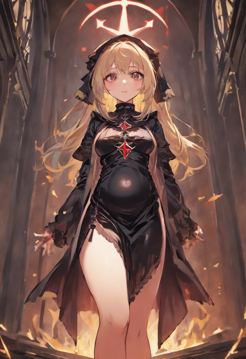 Sexy goth girl, nun, revealing clothes, pregnant; pentagram