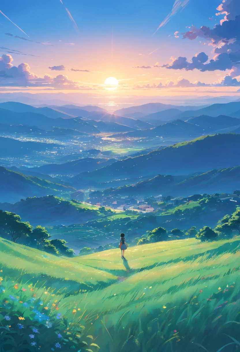 The hillsides are layered，Take up the entire picture，Blue and black color scheme，Pointillism，Illustration style，Moonlit hillside，serenity and calm，Fresh and natural，Large expanses of hillside turf，The hillside stretches from near to far into the sky，Estilo de Makoto Shinkai，scenecy，high qulity，Tall hillside turf