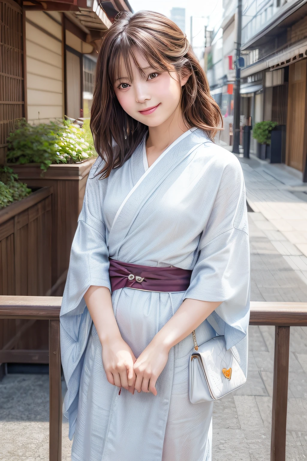 (Top image quality、8K、​masterpiece：1.3))、Realistic high-quality photos、top-quality、girl cute-fine face、13 years old beautiful Japan girl、Photo of slim little girl model、Beautiful girl model、young japanese girl、Young cute face、japanaese girl、13-year-old female model、Beautiful Model Girl、The innocent look of the girl next door、lovely delicate face、Brown hair、Beautiful brown eyes、Tear bag、drooing eyes、young body、(Full body shot), ((kimono)), Smile、building, chain-link_fence, fence, Skyscraper, Cityscape,