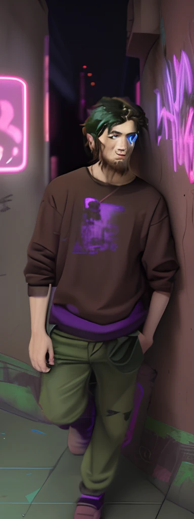 Character half-aside, Male, Boy, , Medium beard, red brown hair, Green eyes, Long hair, calm. Wise, Background with neon purple graffiti, Utopian city, surrealism, Minimalism, expressionistic, Anime style, shadowing, filmgrain, Vignetting, Silhouette, 1080p, Anatomically correct