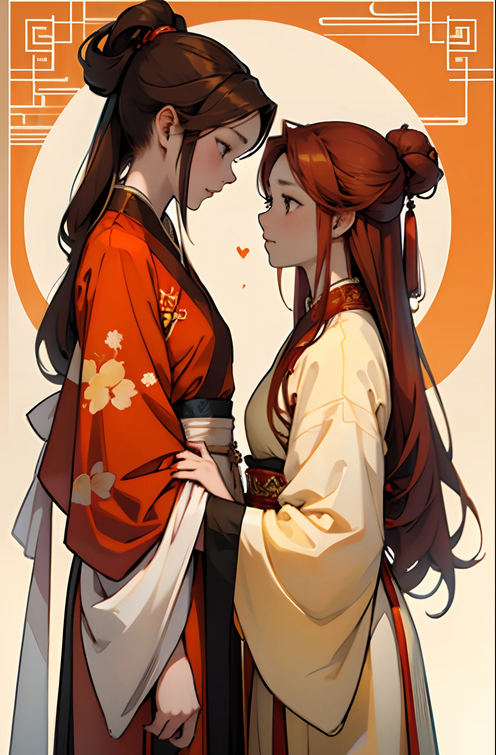 two girls as lovers, one is red hair girl with red and orange clothes, one is brown hair girls with white and yellow clothes, wearing ancient chinese hanfu, chinese style background, flat background, chinese pattern, gentle expression