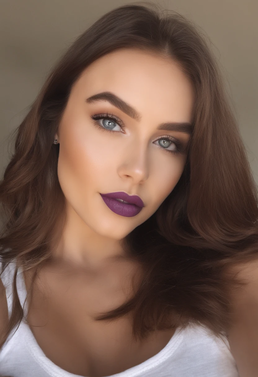 Young woman, big lips, violet matte lipstick, Shine, reflection, big breasts, high detail ,ultra quality, mascara, eyelashes, drops, white top, nipples, no bra