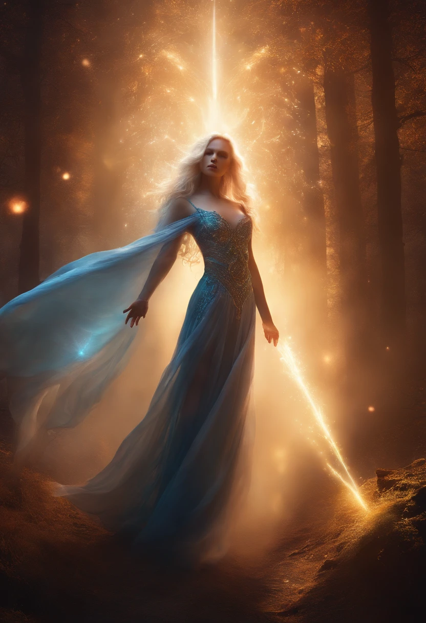 Cosmic Fallen Angel, Leaky shoulders，Very little clothing，long whitr hair，glowing light eyes, eerie，Charming, Fascinating, Dream-like, Very bright colors, Light particles, with light glowing, Mshiv, wallpaper art, UHD wallpaper