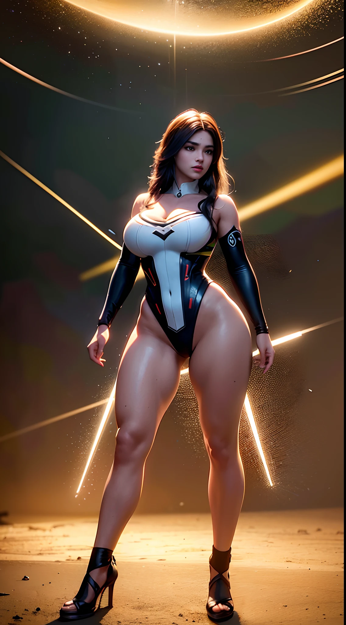 ((Best quality)), ((masterpiece)), (detailed:1.4), 3D, an image of a beautiful cyberpunk 25 year old indian female with thick voluminous hair,light particles, pure energy chaos antitech,HDR (High Dynamic Range),Ray Tracing,NVIDIA RTX,Super-Resolution,Unreal 5,Subsurface scattering,PBR Texturing,Post-processing,Anisotropic Filtering,Depth-of-field,Maximum clarity and sharpness,Multi-layered textures,Albedo and Specular maps,Surface shading,Accurate simulation of light-material interaction,Perfect proportions,Octane Render,Two-tone lighting,Wide aperture,Low ISO,White balance,Rule of thirds,8K RAW, sexy expression on face, full body photo, superb lighting