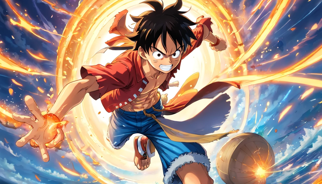 Create Luffy,wearing hat,Full body like,Punching action,without background,黑The eye,Cool expressions,robust,Broken clothes,delicated,photorealestic