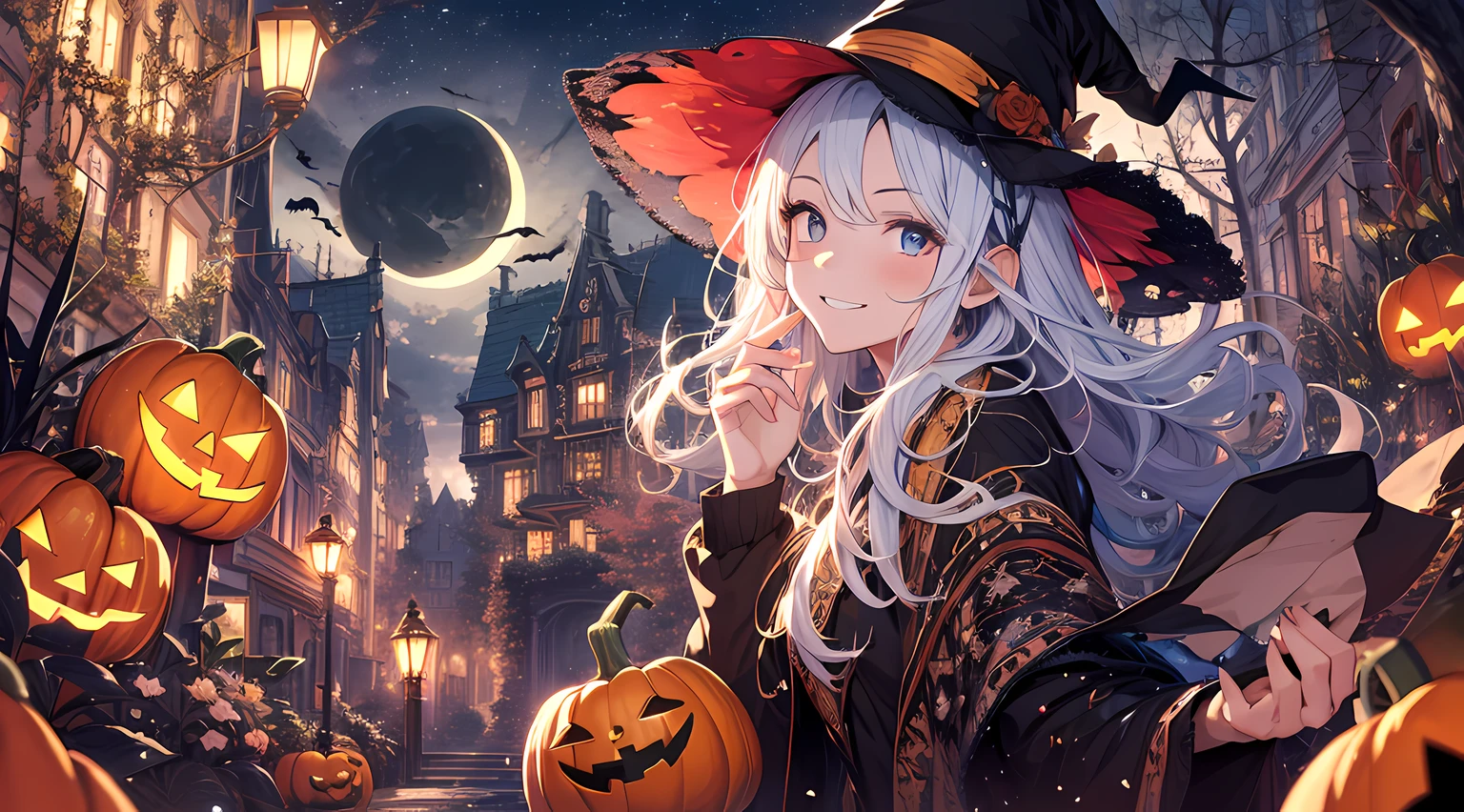 absurdres, highres, ultra detailed, (1girl:1.3) , Halloween witch, ((lovely smile)),wizard robes, wizard hat, Jack o'lantern, night, moon lighting,
BREAK, Halloween festival atmosphere,
 , kaleidoscopic imagery, symmetrical patterns, vibrant colors, geometric shapes, mesmerizing designs, optical illusions, dynamic composition
BREAK
, pantomime art, expressive body language, silent storytelling, evocative gestures, visual narratives, theatrical performances
BREAK
, blooming pumpkins, colorful petals, fragrant scents, nature's bounty, vibrant gardens, peaceful scenery,(wide angle:1.5)