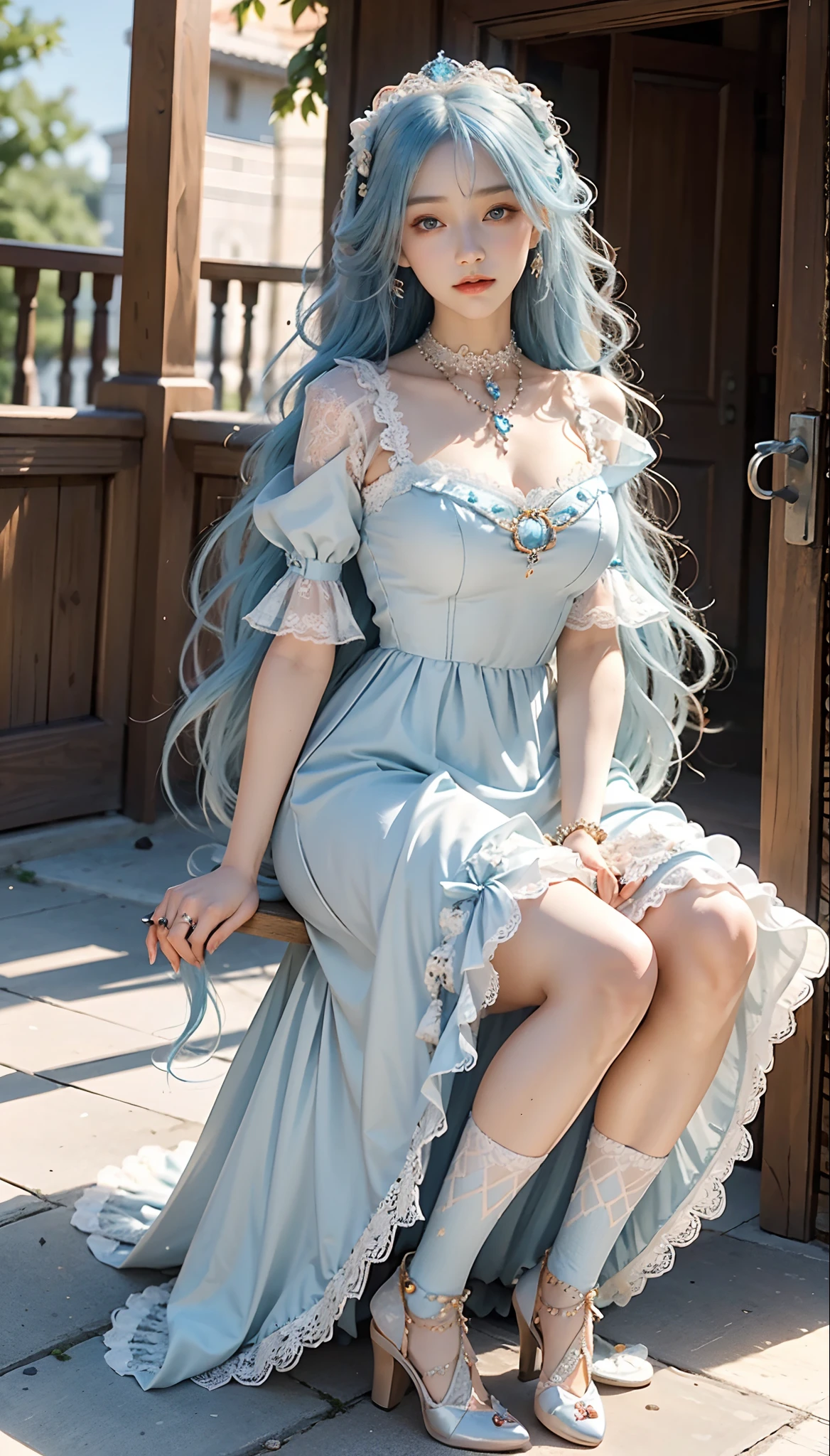 meticulous portrayal of face,1 noblewoman,(Lace orange Lolita maxi dress),(Long flowing light blue hair),Exquisite jewelry all over the body,Collar,Anklets,head chain,Lace-trimmed socks,(Lolita shoes), s the perfect face, perfect hand, Perfect Finger, Perfect lips, perfect eyes,Extremely normal body, Perfect background