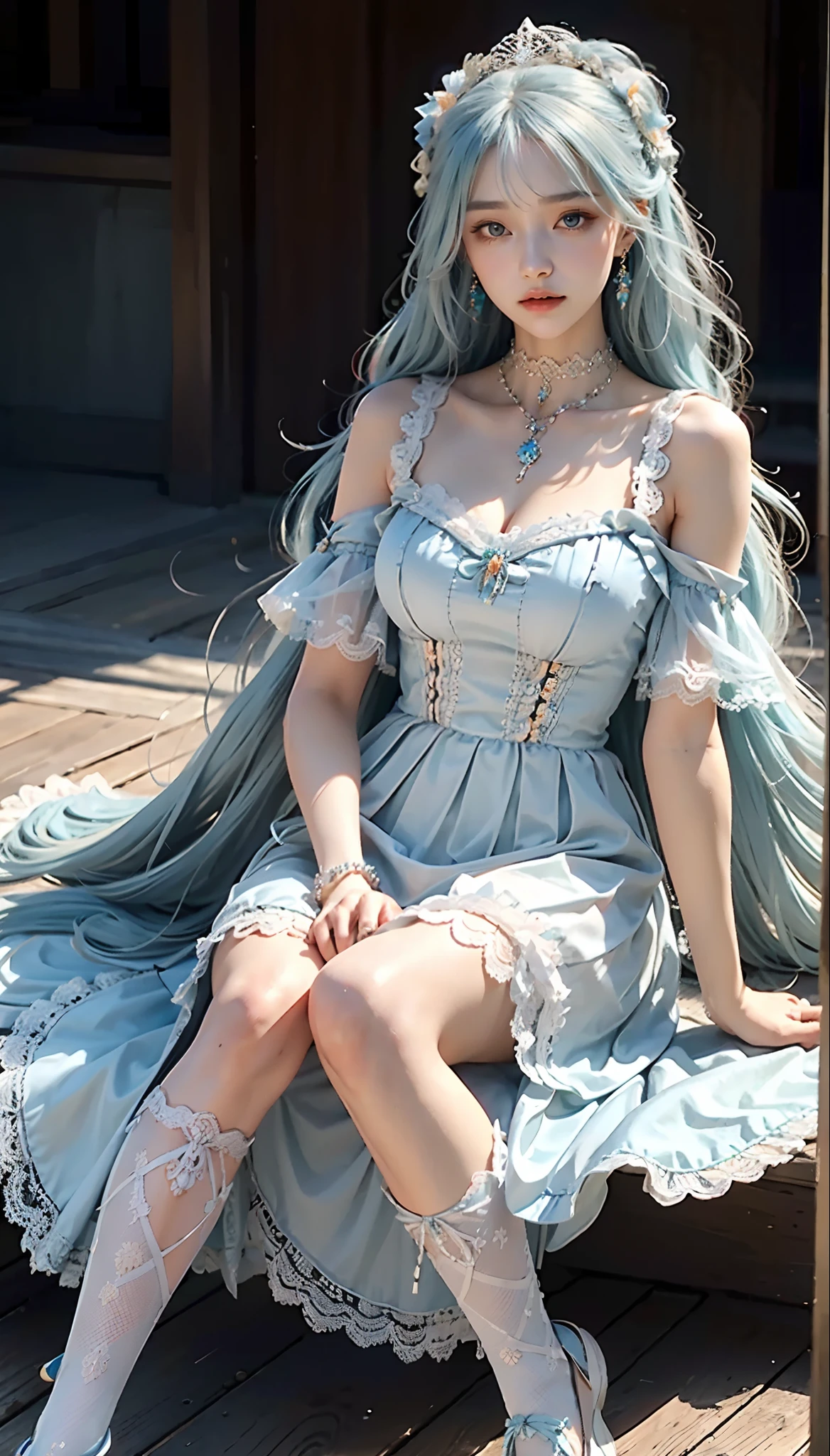 meticulous portrayal of face,1 noblewoman,(Lace orange ta maxi dress),(Long flowing light blue hair),Exquisite jewelry all over the body,Collar,Anklets,head chain,Lace-trimmed socks,(Lolihoes), s the perfect face, perfect hand, Perfect Finger, Perfect lips, perfect eyes,Extremely normal body, Perfect background