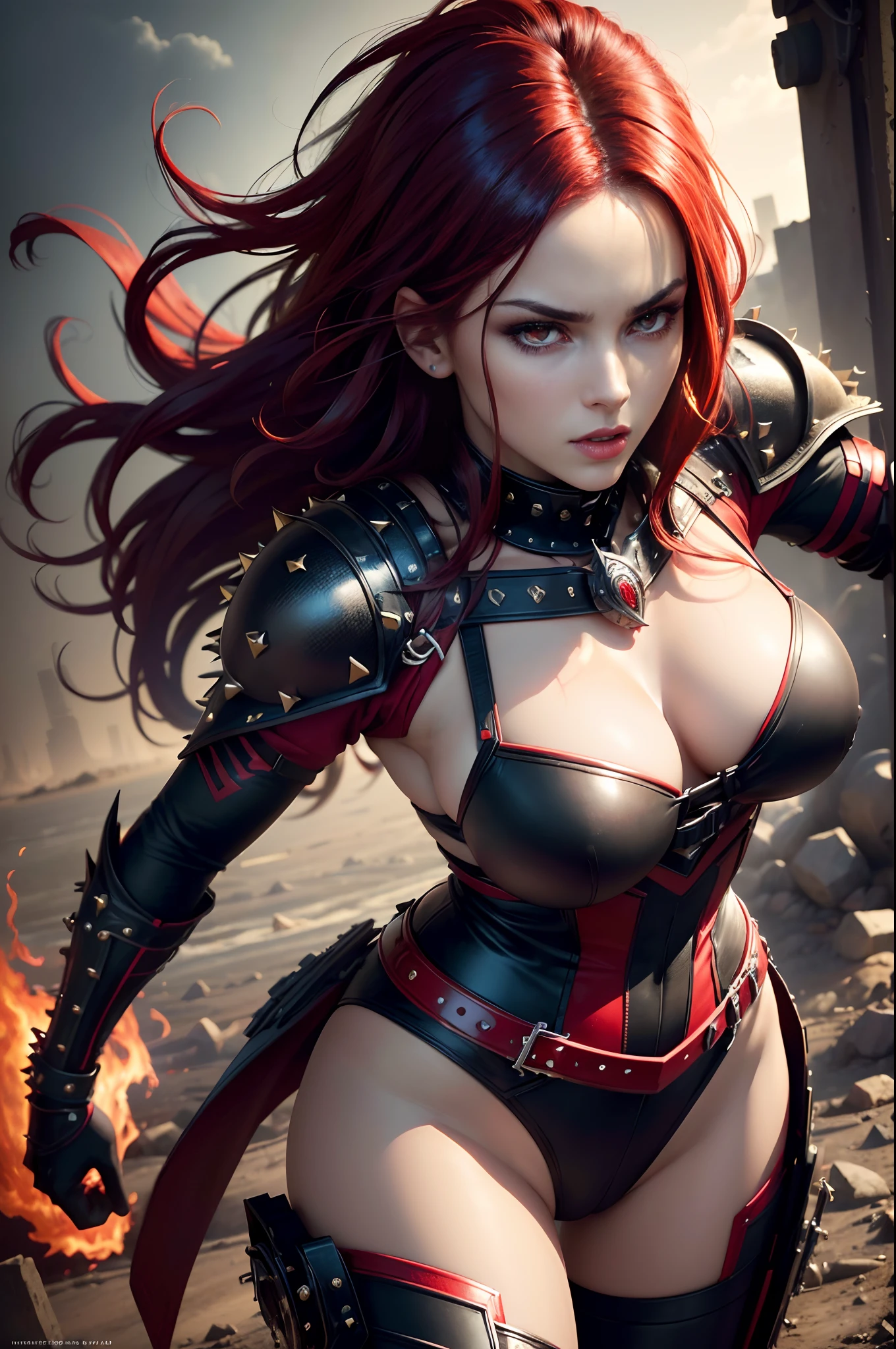 (best quality,4k,8k,highres,masterpiece:1.2),ultra-detailed,(realistic,photorealistic,photo-realistic:1.37),red and black-haired stunning woman, intensely red eyes, light shining from her eyes, studded red and black leather armor, apocalyptic scenery, fierce expression, glowing fiery background, dramatic lighting.