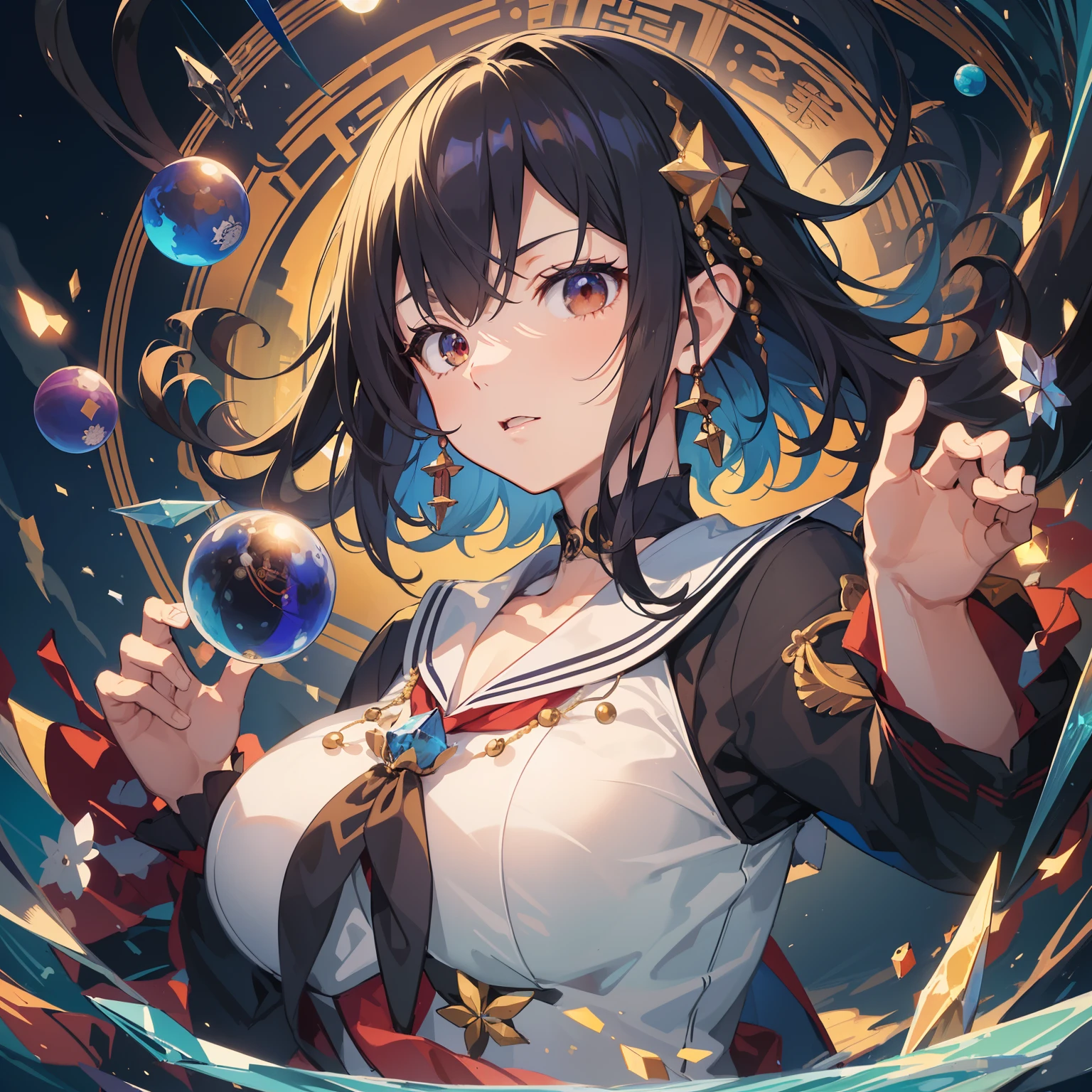 (masutepiece, Highest Quality), High resolution, (Illustration:1.3), Black hair, short-cut, 小柄, Colossal tits, (a sailor suit:1.1), Girl doing fortune telling, natta, starrysky, Large crystal balls floating around the body, Fantastic atmosphere, serious facial expression,A mysterious place,(Girl looking into a crystal ball:1.2)
