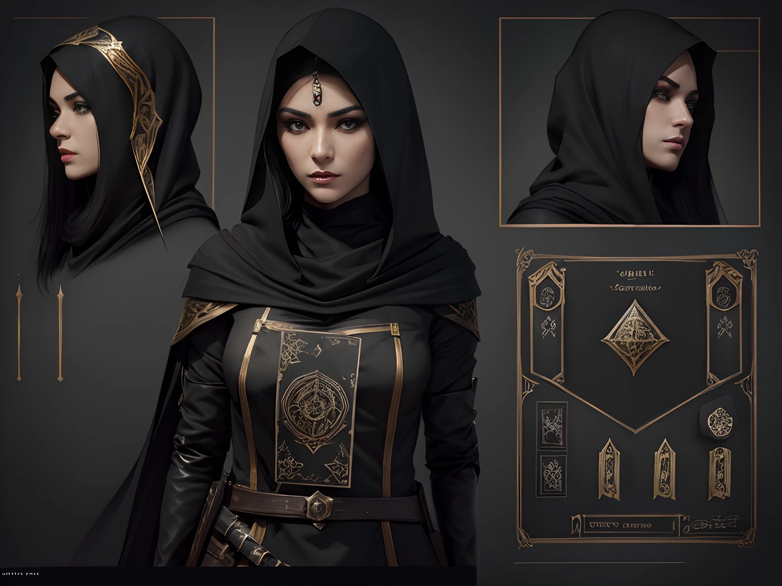 (A beautiful 25 years old Arabian Female Assassin with Long Black Hair), (Wearing Black and Gold Assassin Outfit with Silk Hood), (has Twin Daggers as Her Weapon), full body shot, (Character Concept Art), (Grey Background:1.4), (Character Sheet:1.6), Character Sketch, Stylized Digital Arts, Bits of Color, Masterpiece, Hand Drawn Sketch, (Realistic Drawing:1.4), High Detail, (Mix of Bold Dark Lines and Loose Lines), Bold Lines, Writings, Arcane Symbols, Runes, Gritty, Dark Theme, Intricate Artwork, 8k