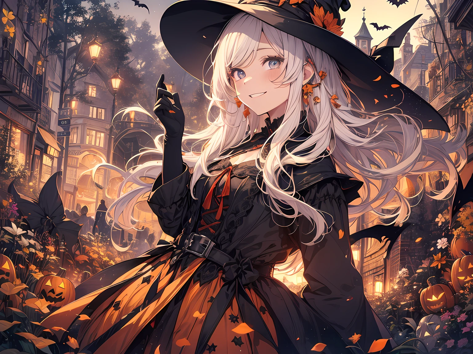 absurdres, highres, ultra detailed, (1girl:1.3) , Halloween witch, ((lovely smile)),wizard robes, wizard hat, Jack o'lantern, night, moon lighting,
BREAK, Halloween atmosphere,
 , kaleidoscopic imagery, symmetrical patterns, vibrant colors, geometric shapes, mesmerizing designs, optical illusions, dynamic composition
BREAK
, pantomime art, expressive body language, silent storytelling, evocative gestures, visual narratives, theatrical performances
BREAK
, blooming pumpkins, colorful petals, fragrant scents, nature's bounty, vibrant gardens, peaceful scenery,(wide angle:1.5)