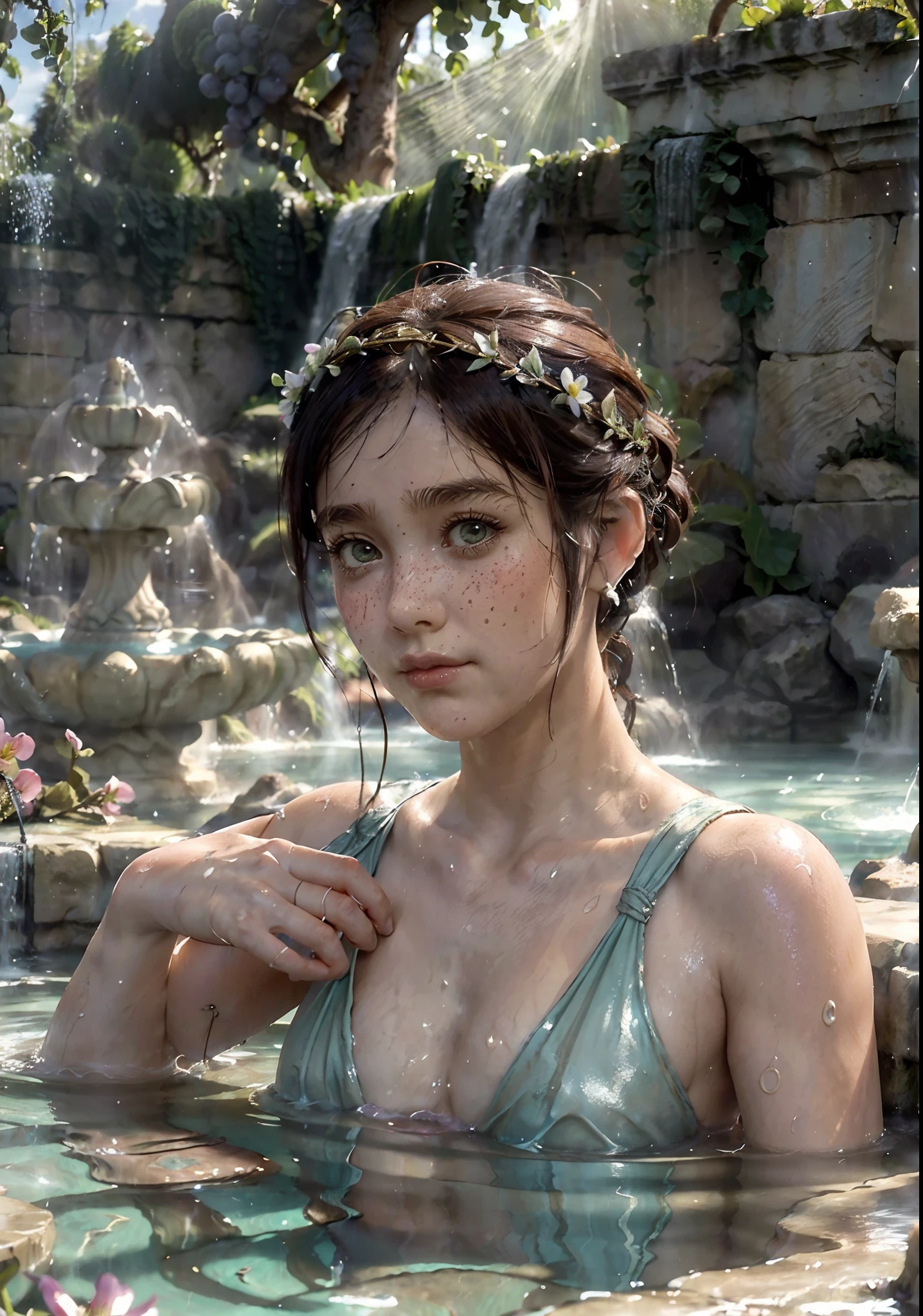 (Depth of field), (Small chest), (focus girls:1.6), (((portrait of group girls bath in hot spring, relaxing, spacious roman termae, The pool area is adorned with elegant sculptures and colorful flowers, grape wine))), (see through satin swimming suit), (pools party:1.4), (braid updo), sexy, (see through puffy nipple, slim body, wet, sweat, small breasts:1.3), epic, ((fantasy ancient greece, greco-roman culture, greco-roman world)), ((ancient greece olympian palace garden, fountain gushing, roman bath, mist clouds)), (beautiful puffy clouds sky:1.2), 45mm f1.8, elegant delicate, shiny, highly detailed, full body illustration, (cinematic lights, soft lights, god rays:1.4)