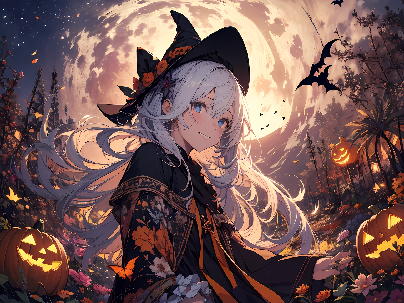 absurdres, highres, ultra detailed, (1girl:1.3) , Halloween witch, ((lovely smile)),wizard robes, wizard hat, Jack o'lantern, night, moon lighting,
BREAK, Halloween atmosphere,
, kaleidoscopic imagery, symmetrical patterns, vibrant colors, geometric shapes, mesmerizing designs, optical illusions, dynamic composition
BREAK
, pantomime art, expressive body language, silent storytelling, evocative gestures, visual narratives, theatrical performances
BREAK
, blooming pumpkins, colorful petals, fragrant scents, nature's bounty, vibrant gardens, peaceful scenery,(wide angle:1.5)
