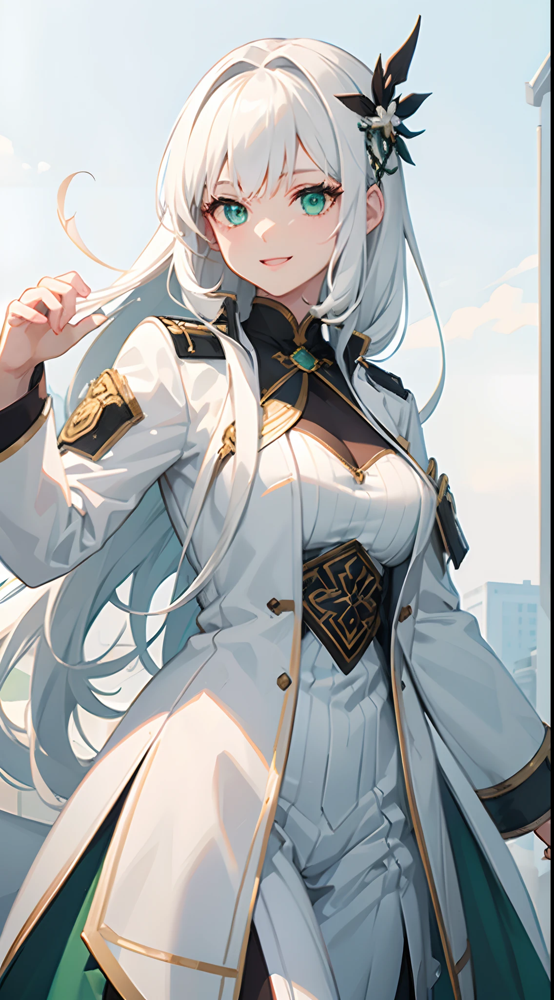 1girl, white hair, medium breasts, white coat, hair ornaments, best quality, green eyes, smile, green uniform, neck length hair