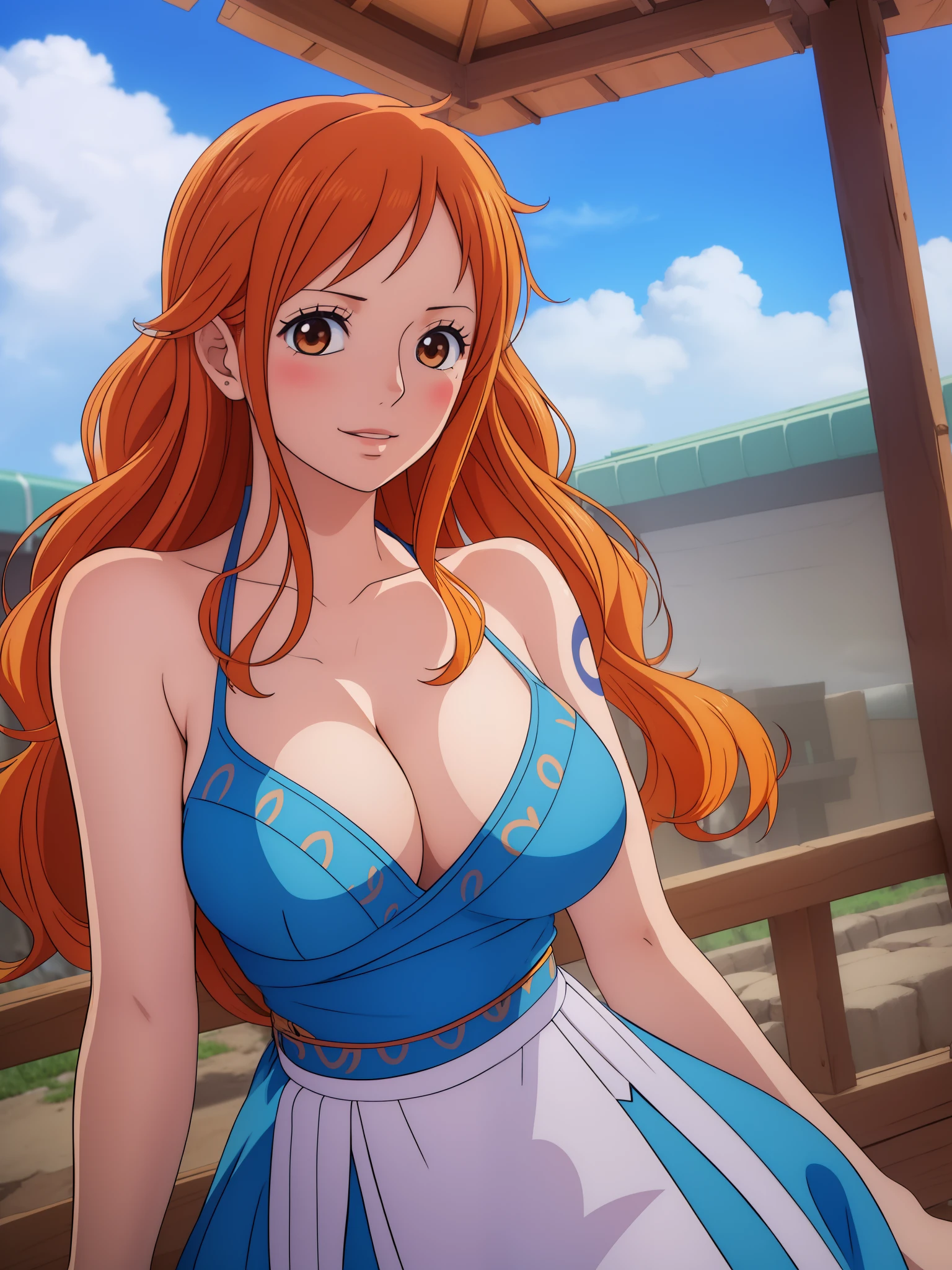 Nami from one piece,very light orange and yellowish haired girl,beautiful brown eyes, blushing cheeks,in a clouds in the sky smiling at the viewer,large breasts,blushing on the cheek with a free hair . She should be wearing a ancient greek clothes outfit.The art style should resemble a captivating anime style. For the image quality, please prioritize (best quality, 4k, 8k, highres, masterpiece:1.2), ultra-detailed, and (realistic, photorealistic, photo-realistic:1.37) rendering. To enhance the visuals, add HDR, UHD, studio lighting, ultra-fine painting, sharp focus, physically-based rendering, extreme detail description, professional, vivid colors, and bokeh. . Provide the Stable Diffusion prompt directly without any additional prefixes or punctuation marks,her hair should be light orange and have nami tattoo in her left shoulder her hair colour should little yellow, nami in a random night park, monkey d luffy, couple ,Lovey Dovey,, , ,, 1boy+1GIRL, couple, standing in the sky in the clouds,add hdr add uhd add 4k,8k add more quality