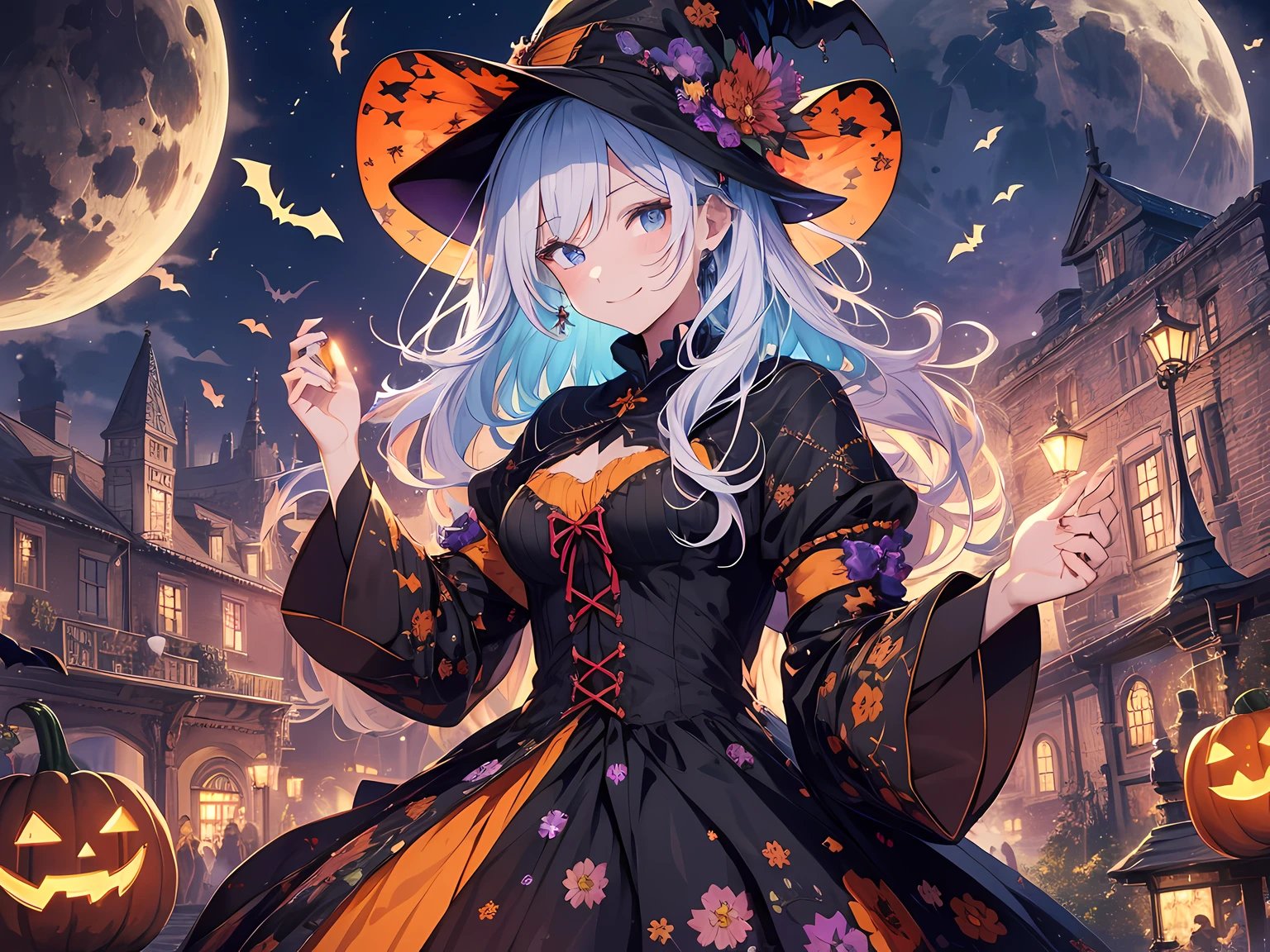 absurdres, highres, ultra detailed, (1girl:1.3) , Halloween witch, ((lovely smile)),wizard robes, wizard hat, Jack o'lantern, night, moon lighting,
BREAK, Halloween atmosphere,(half body image:1.5),
, kaleidoscopic imagery, symmetrical patterns, vibrant colors, geometric shapes, mesmerizing designs, optical illusions, dynamic composition
BREAK
, pantomime art, expressive body language, silent storytelling, evocative gestures, visual narratives, theatrical performances
BREAK
, blooming pumpkins, colorful petals, fragrant scents, nature's bounty, vibrant gardens, peaceful scenery,(wide angle:1.5)