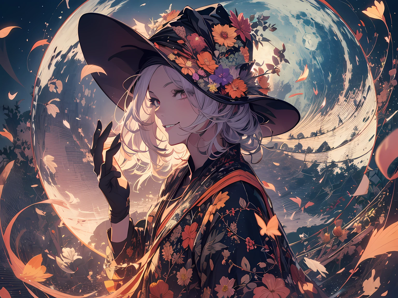 absurdres, highres, ultra detailed, (1girl:1.3) , Halloween witch, ((lovely smile)),wizard robes, wizard hat, Jack o'lantern, night, moon lighting,
BREAK, Halloween atmosphere,(half body image:1.5),
 , kaleidoscopic imagery, symmetrical patterns, vibrant colors, geometric shapes, mesmerizing designs, optical illusions, dynamic composition
BREAK
, pantomime art, expressive body language, silent storytelling, evocative gestures, visual narratives, theatrical performances
BREAK
, blooming pumpkins, colorful petals, fragrant scents, nature's bounty, vibrant gardens, peaceful scenery,(wide angle:1.5)