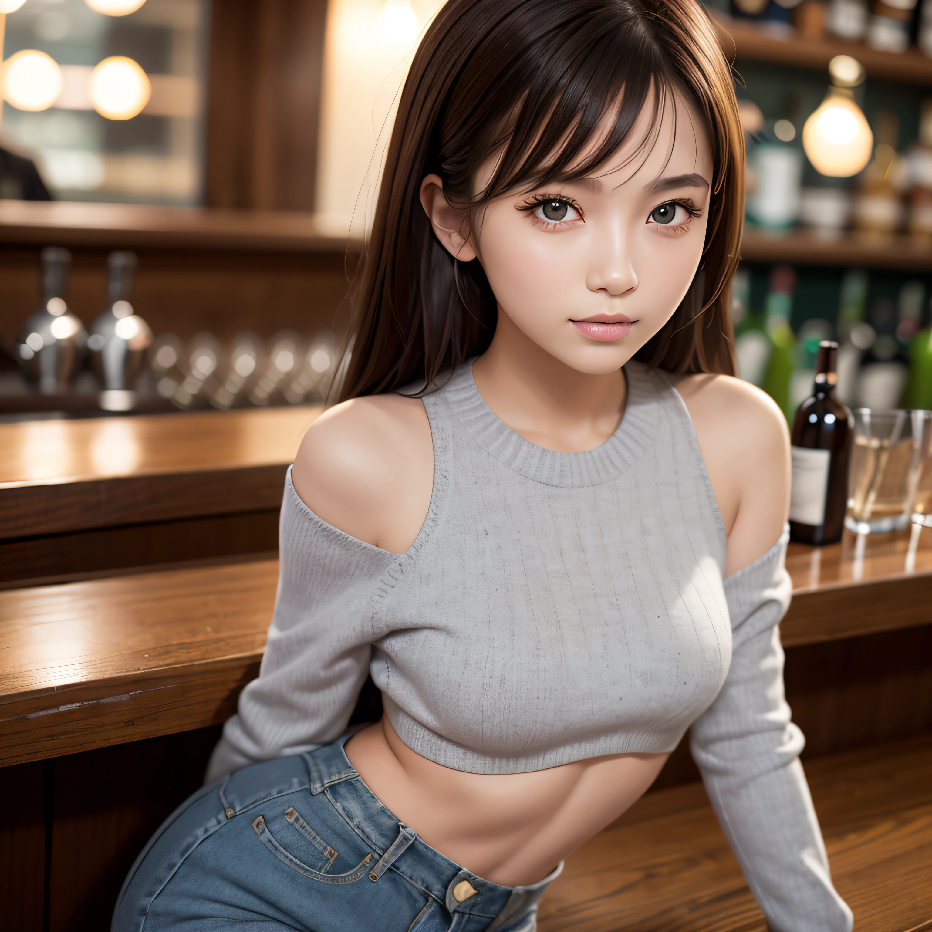 8K quality、High resolution、男の手がwoman器に指をいれる、Realistic skin texture、High resolutionの瞳、woman、Blondeショートポニーテール、thin、Bare crotch、リアルなwoman性器、Small breasts、Blonde、thin脚、Sweating profusely、Sweat accumulates in the chest、bar counter、Well-groomed navel、Lean forward、Touching the groin、Ecstatic expression、