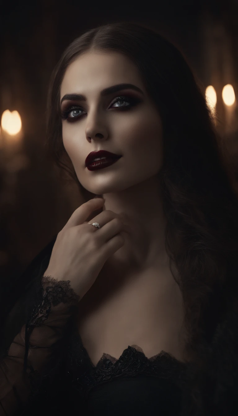 nsfw, margot robbie, vampirella, sultry, slutty, mysterious, wearing authentic comic-book costume, dark dank smokey medieval dungeon,1980's high end high fashion editorial perfume advertising photography, muted color grading, bokeh, light leaks