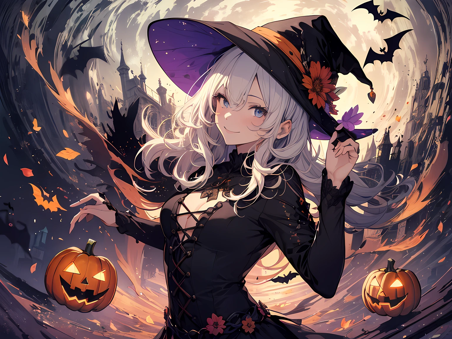 absurdres, highres, ultra detailed, (1girl:1.3) , Halloween witch, ((lovely smile)),wizard robes, wizard hat, Jack o'lantern, night, moon lighting,
BREAK, Halloween atmosphere,(half body image:1.5),
, kaleidoscopic imagery, symmetrical patterns, vibrant colors, geometric shapes, mesmerizing designs, optical illusions, dynamic composition
BREAK
, pantomime art, expressive body language, silent storytelling, evocative gestures, visual narratives, theatrical performances
BREAK
, blooming pumpkins, colorful petals, fragrant scents, nature's bounty, vibrant gardens, peaceful scenery,(wide angle:1.5)