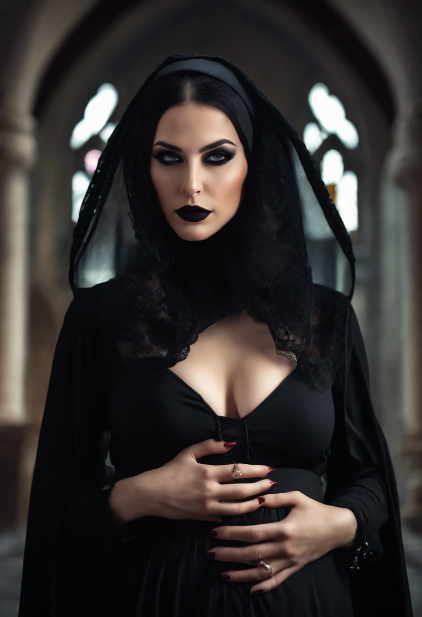 Sexy goth girl, nun, revealing clothes, pregnant