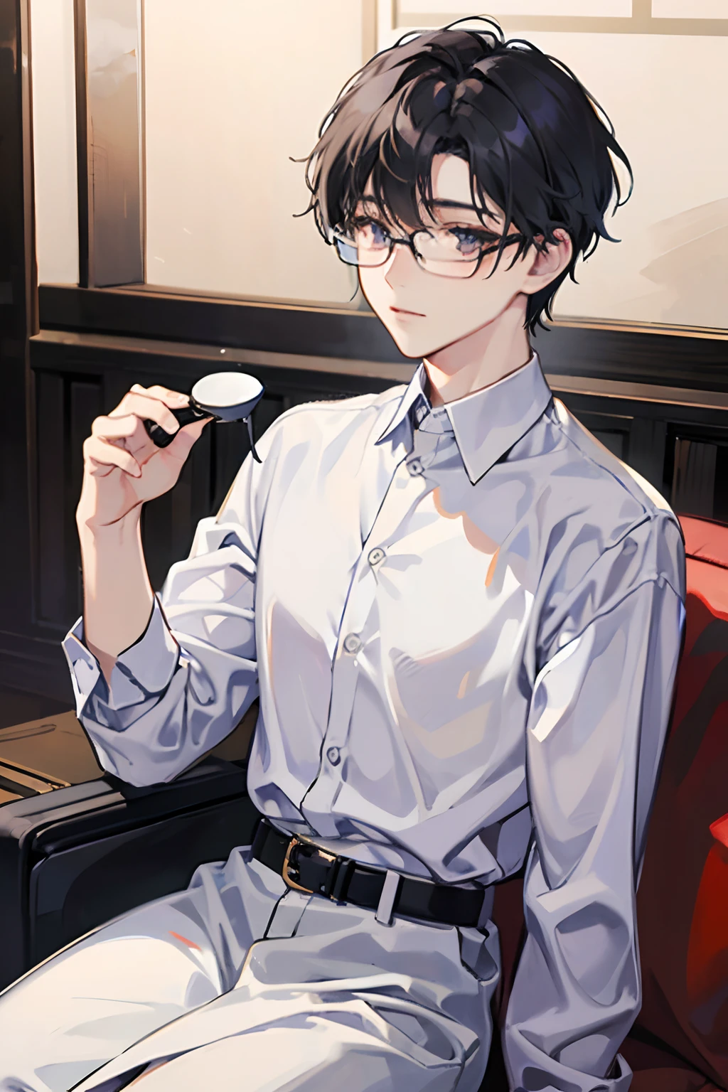 Male 、A dark-haired、short-haired、eye glass、White shirt、The location is a beauty salon