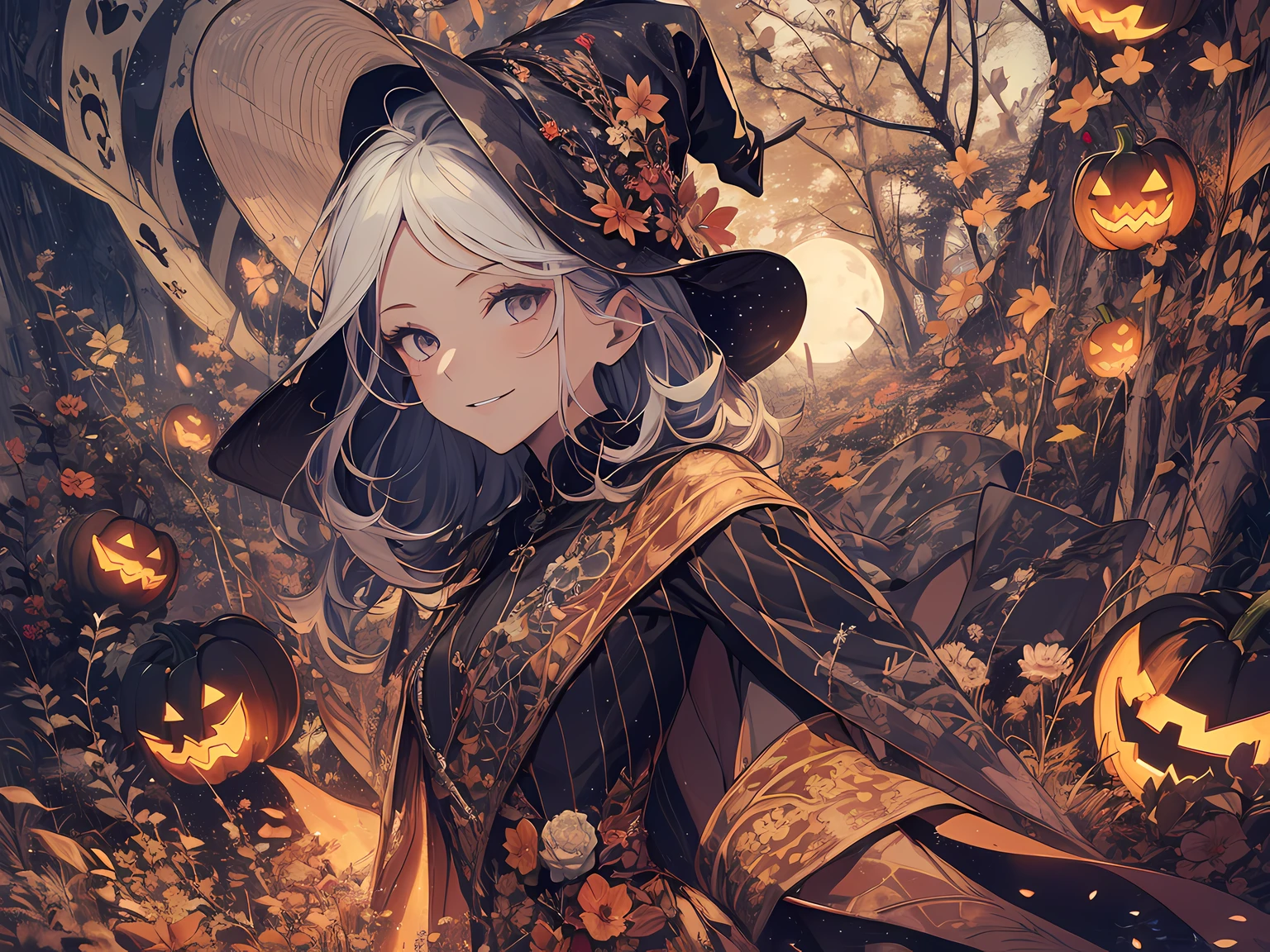 absurdres, highres, ultra detailed, (1girl:1.3) , Halloween witch, ((lovely smile)),wizard robes, wizard hat, Jack o'lantern, night, moon lighting,
BREAK, Halloween atmosphere,(half body image:1.5),
 , kaleidoscopic imagery, symmetrical patterns, vibrant colors, geometric shapes, mesmerizing designs, optical illusions, dynamic composition
BREAK
, pantomime art, expressive body language, silent storytelling, evocative gestures, visual narratives, theatrical performances
BREAK
, blooming pumpkins, colorful petals, fragrant scents, nature's bounty, vibrant gardens, peaceful scenery,(wide angle:1.5)