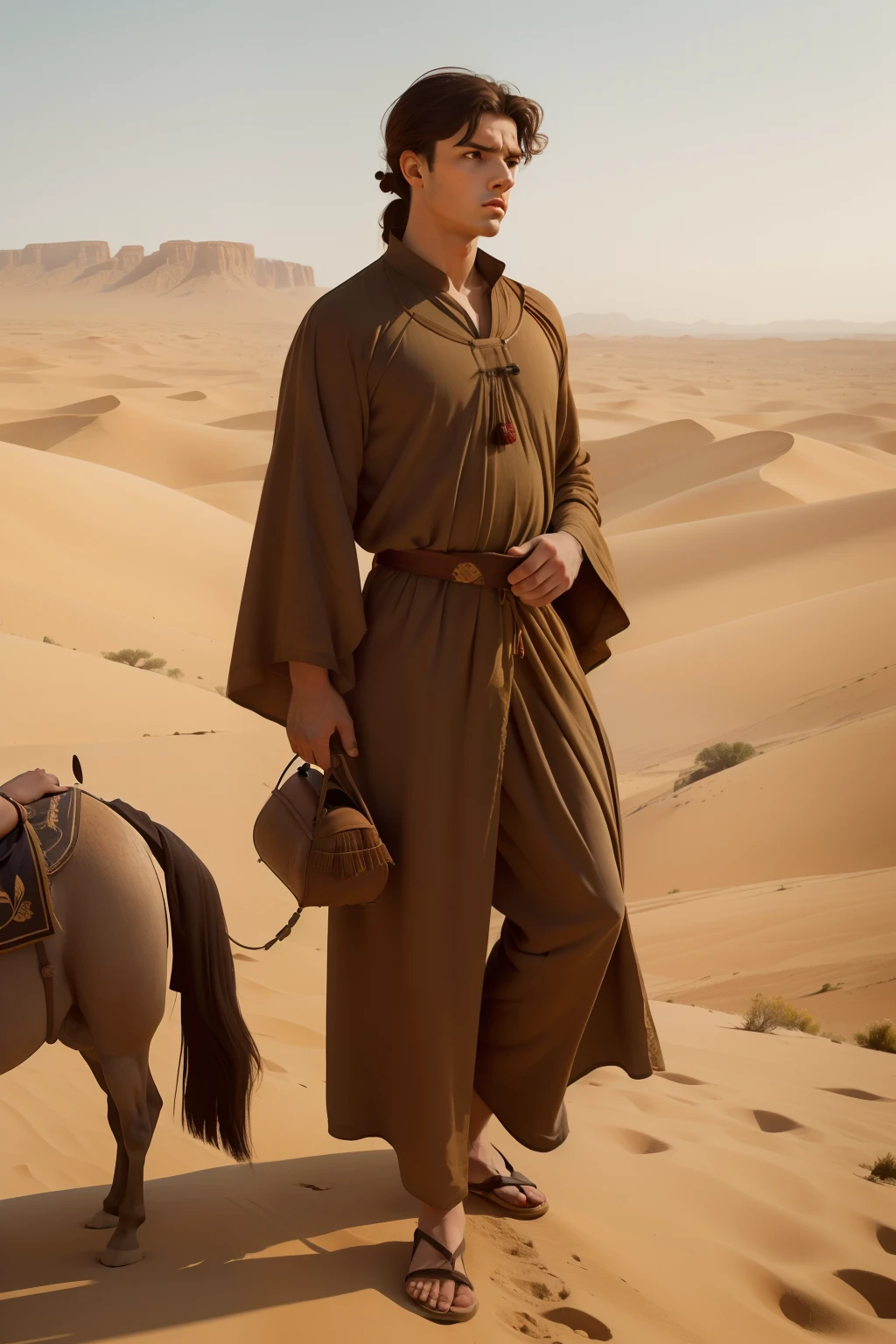 Year: 11th century. Location: Persia. ((very wide shot)) Pre-raphaelite scene with a 21-year-old english man, with a black caftan, crossing the dessert, hot, tired, thirsty, (donkey with saddlebags), ((((11th century plain caftan)))) ((11th century hairstyle)), (((cinematic style)))