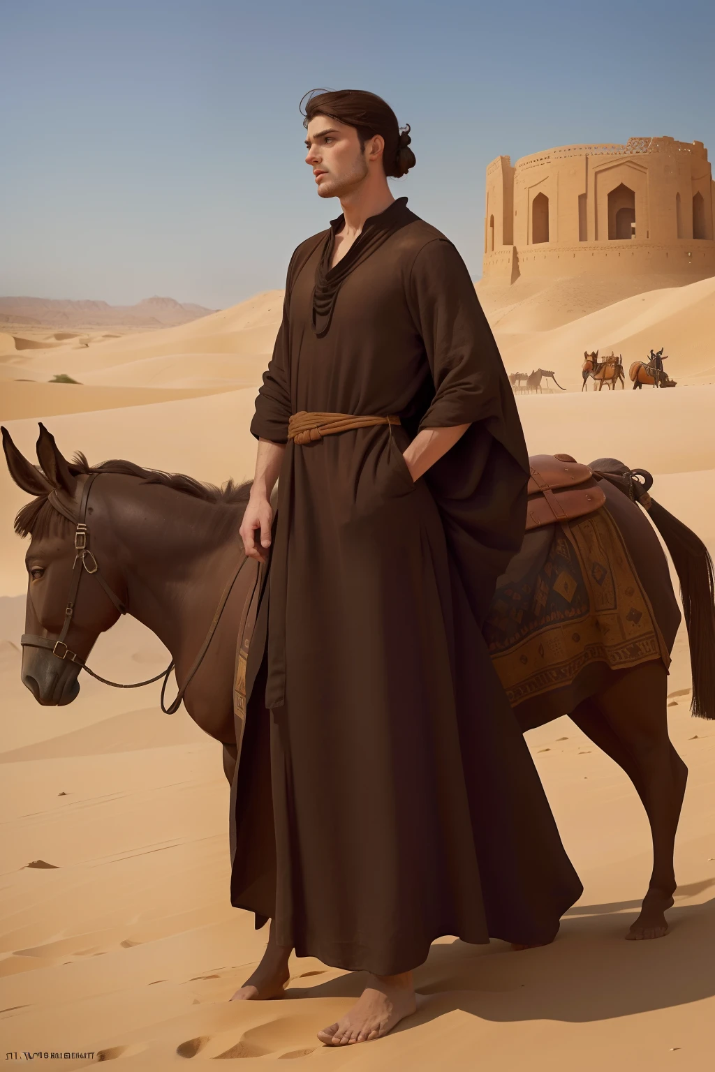 Year: 11th century. Location: Persia. ((very wide shot)) Pre-raphaelite scene with a 21-year-old english man, with a black caftan, crossing the dessert, hot, tired, thirsty, (donkey with saddlebags), ((((11th century plain caftan)))) ((11th century hairstyle)), (((cinematic style)))