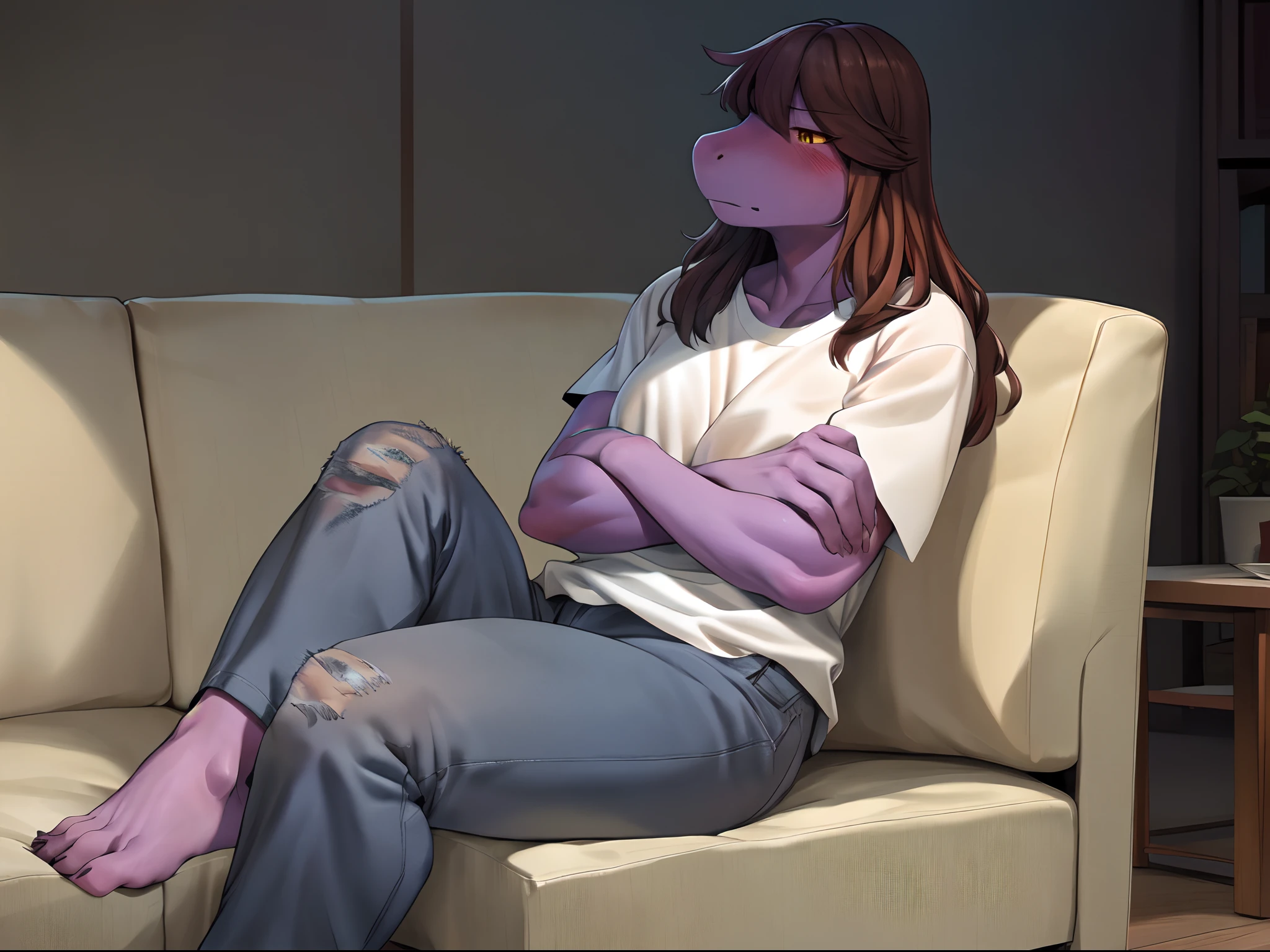 [susie], [Deltarune], [Uploaded to e621.net; (Pixelsketcher), (wamudraws), (woolrool)], ((masterpiece)), ((HD)), ((high quality)), ((solo portrait)), ((front view)), ((feet visible)), ((scalie; anthro)), ((detailed fur)), ((detailed shading)), ((beautiful render art)), ((intricate details)), {anthro dinosaur; (athletic female figure), purple scales, (reptile snout), cute yellow eyes, (black pupils), (bags under eyes), (short eyelashes), (long messy brown hair), long lizard tail, (medium boobs), (gorgeous hips), (gorgeous abs), (beautiful muscular legs), (beautiful feet), (yellow claws), (camel toe), (sweating), (sweat on forehead), (blushing), (frown), (clenching teeth), (sharp yellow teeth), (drool on mouth)}, {(torn white tank top), (black spandex boxer briefs)}, {(laying on couch), (legs spread open), (self-groping breasts), (hand on chest), (looking down)}, [background; (office), (window), (sunset), (sun rays through blinds), (ambient lighting)]