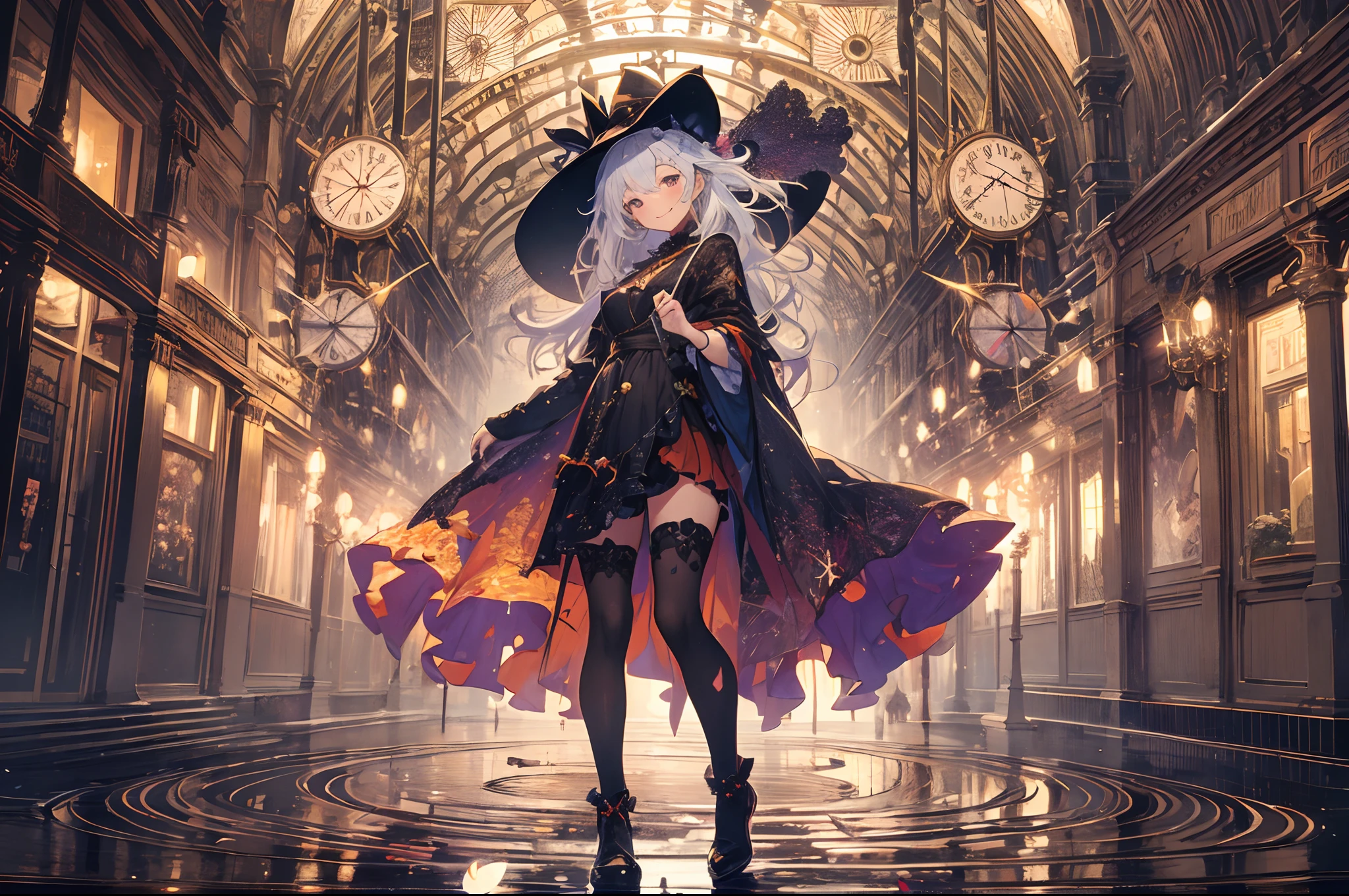absurdres, highres, ultra detailed, (1girl:1.3) , Halloween witch, ((lovely smile)),wizard robes, wizard hat, Jack o'lantern, night, moon lighting,
BREAK, Halloween atmosphere,(half body image:1.5),
 , kaleidoscopic imagery, symmetrical patterns, vibrant colors, geometric shapes, mesmerizing designs, optical illusions, dynamic composition
BREAK
, pantomime art, expressive body language, silent storytelling, evocative gestures, visual narratives, theatrical performances
BREAK
, blooming pumpkins, colorful petals, fragrant scents, nature's bounty, vibrant gardens, peaceful scenery,(wide angle:1.5)
