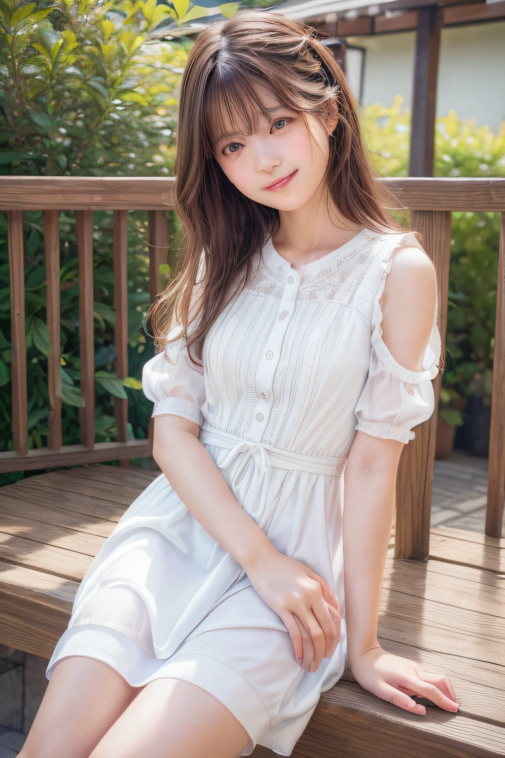 (Top image quality、8K、​masterpiece：1.3))、Realistic high-quality photos、top-quality、girl cute-fine face、13 years old beautiful Japan girl、Photo of slim little girl model、Beautiful girl model、young japanese girl、Young cute face、japanaese girl、13-year-old female model、Beautiful Model Girl、The innocent look of the girl next door、lovely delicate face、Brown hair、Beautiful brown eyes、Tear bag、drooing eyes、young body、(Full body shot), ((White dress)), Smile、temple