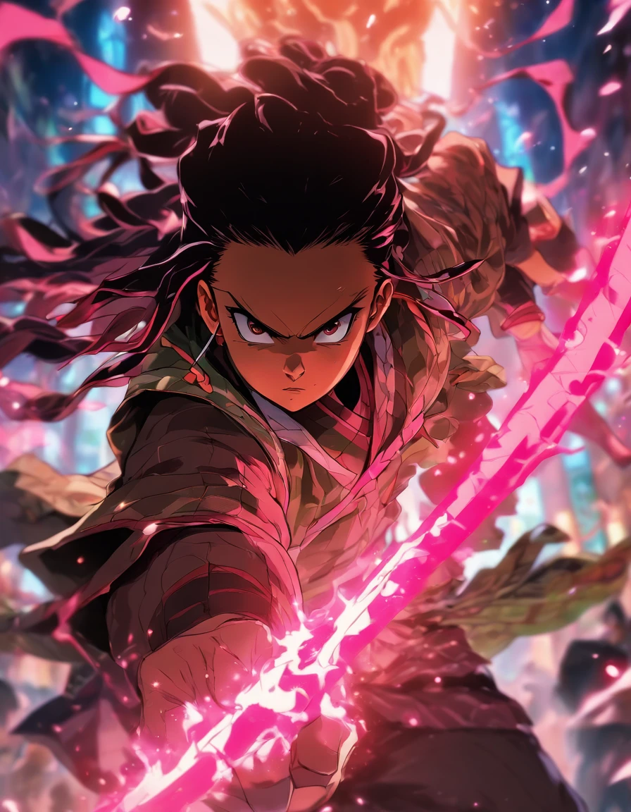 /imagine prompt: A fierce-looking Nezuko from (demon slayer) with his sword standing with a menacing gaze and expression, people around her avoiding her in fear, ,with Pink energy around him, 32k, best quality, masterpiece, super detail, high details, by Makoto Shinkai ,in the style of the stars art group xing xing, --niji 5"