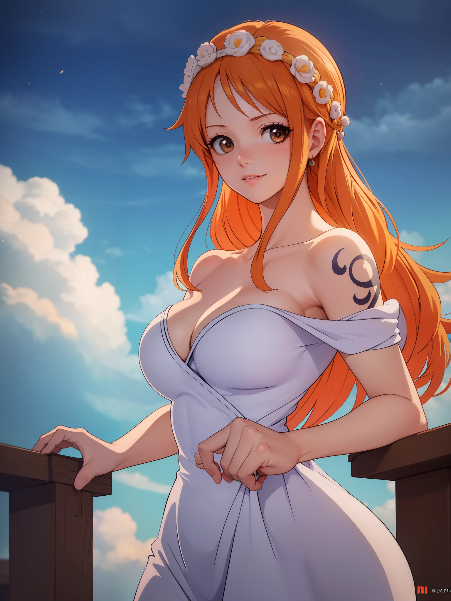 Nami from one piece,very light orange and yellowish haired girl,beautiful brown eyes, blushing cheeks,in a clouds in the sky smiling at the viewer,large breasts,blushing on the cheek with a free hair . She should be wearing a ancient greek clothes outfit.The art style should resemble a captivating anime style. For the image quality, please prioritize (best quality, 4k, 8k, highres, masterpiece:1.2), ultra-detailed, and (realistic, photorealistic, photo-realistic:1.37) rendering. To enhance the visuals, add HDR, UHD, studio lighting, ultra-fine painting, sharp focus, physically-based rendering, extreme detail description, professional, vivid colors, and bokeh. . Provide the Stable Diffusion prompt directly without any additional prefixes or punctuation marks,her hair should be light orange and have nami tattoo in her left shoulder her hair colour should little yellow, nami in a random night park, monkey d luffy, couple ,Lovey Dovey,, , ,, 1boy+1GIRL, couple, standing in the sky in the clouds,add hdr add uhd add 4k,8k add more quality