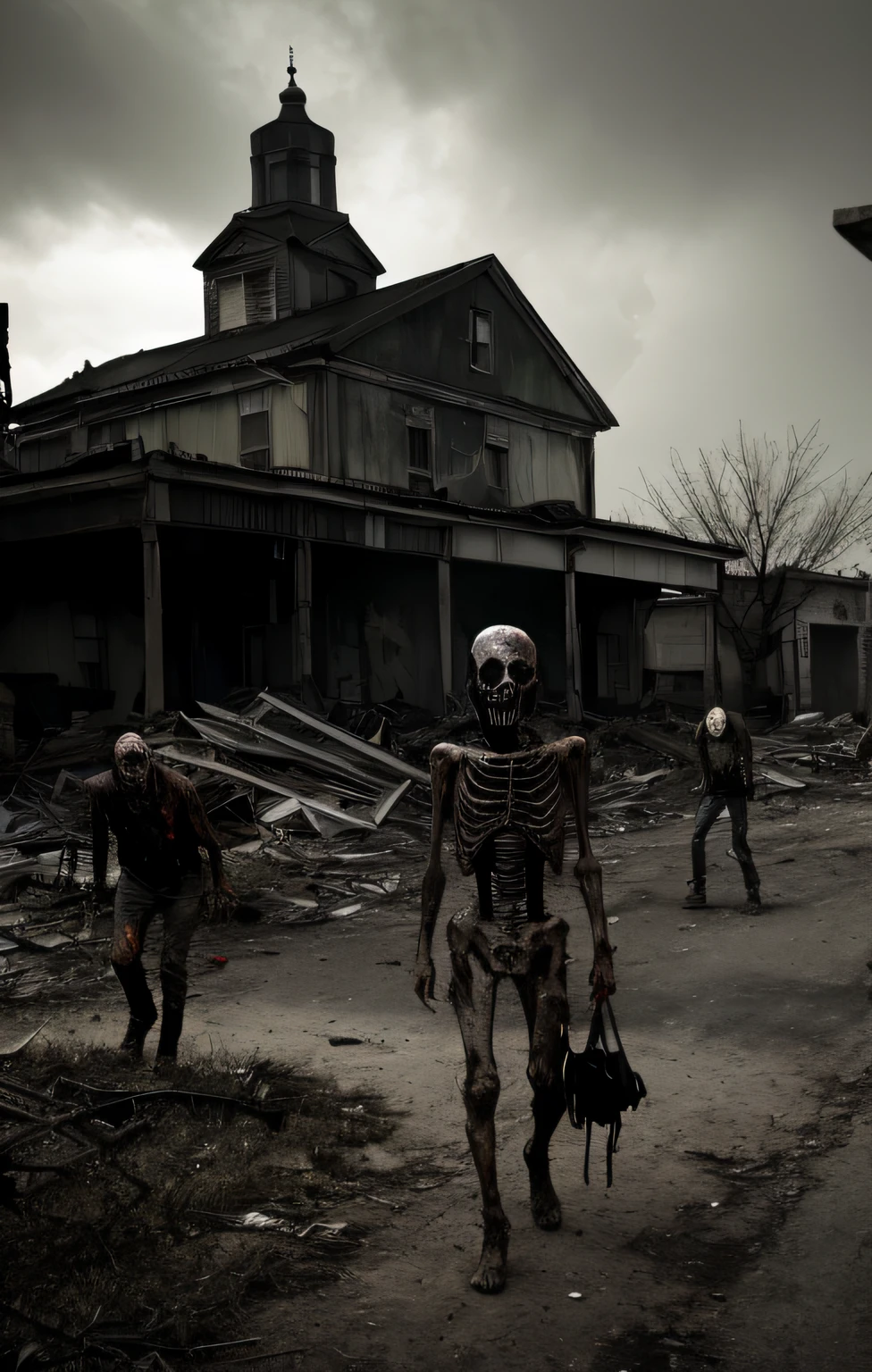 a chilling vision unfolds, depicting a world plagued by the walking dead. The scene is a nightmarish tableau of horror, where the boundaries between life and death blur. The once bustling city streets now lie in ruins, with broken vehicles and debris strewn about, a haunting reminder of the chaos that has consumed this place. , the atmosphere is thick with an eerie stillness, punctuated only by the moans and groans of the undead. The air carries a putrid stench of decay, a nauseating odor that lingers, intensifying the sense of dread. Shadows dance ominously, adding to the palpable tension that hangs in the air. , amidst the desolation, the zombies emerge from the darkness. Their bodies are mangled and torn, their flesh a sickly shade of gray. Tattered remnants of clothing hang from their decaying frames, barely clinging to their skeletal forms. Their eyes, vacant and soulless, seem to hunger for the taste of human flesh. , the zombies move with a jerky, unnatural gait, their limbs contorting and twitching. Their movements are accompanied by guttural moans, a haunting chorus that echoes through the desolate landscape. Their decaying features, with exposed bones and rotting flesh, are a grotesque sight that inspires both terror and fascination. , captured in vivid color, the photograph brings the horror of the zombie scene to life. The colors are desaturated, reflecting the grimness of the environment. The sickly gray of the zombies' flesh stands out against the muted backdrop, creating a stark contrast that accentuates the gruesome details.
